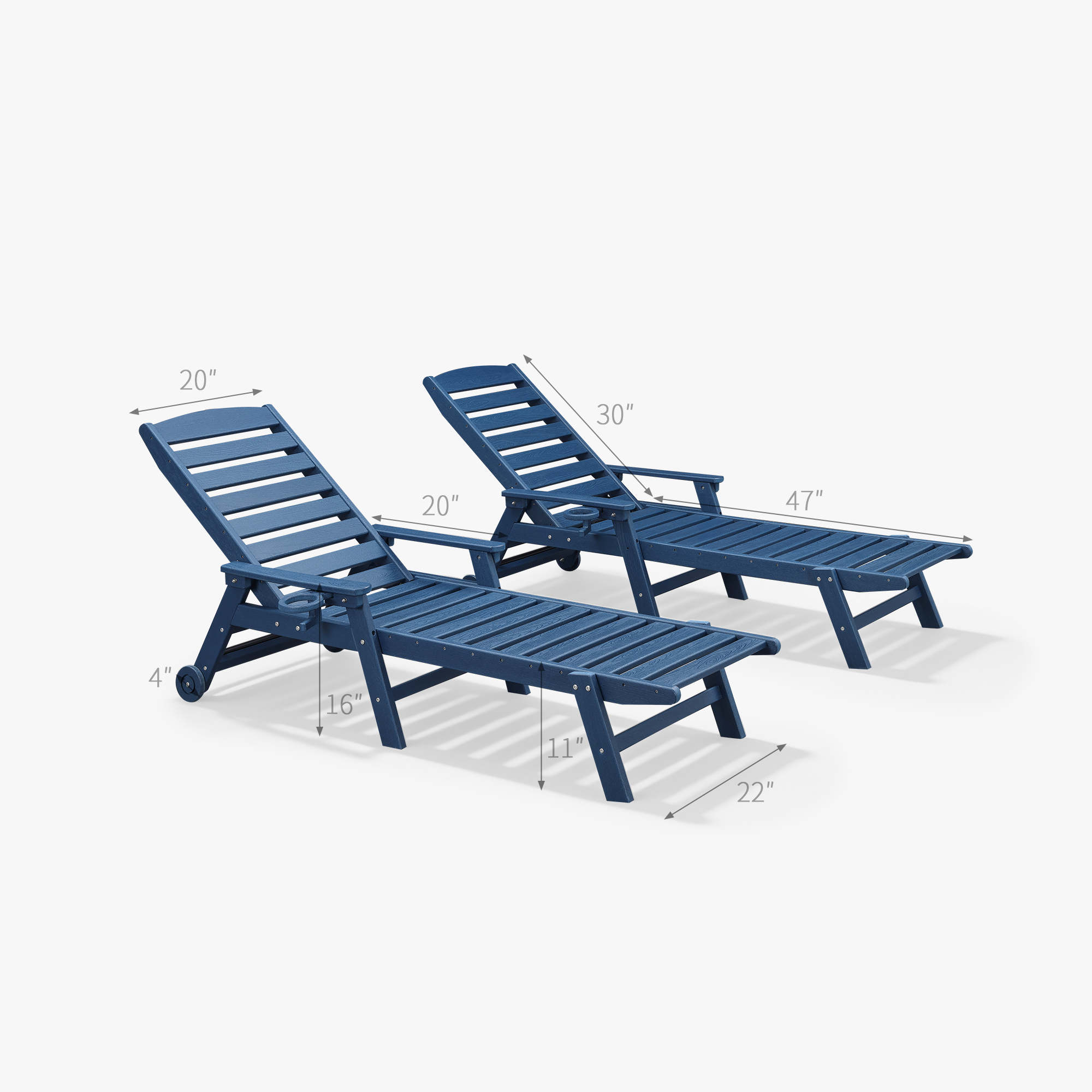 Two-piece adjustable outdoor lounge chairs in blue with cup holders on a white background-Seehill