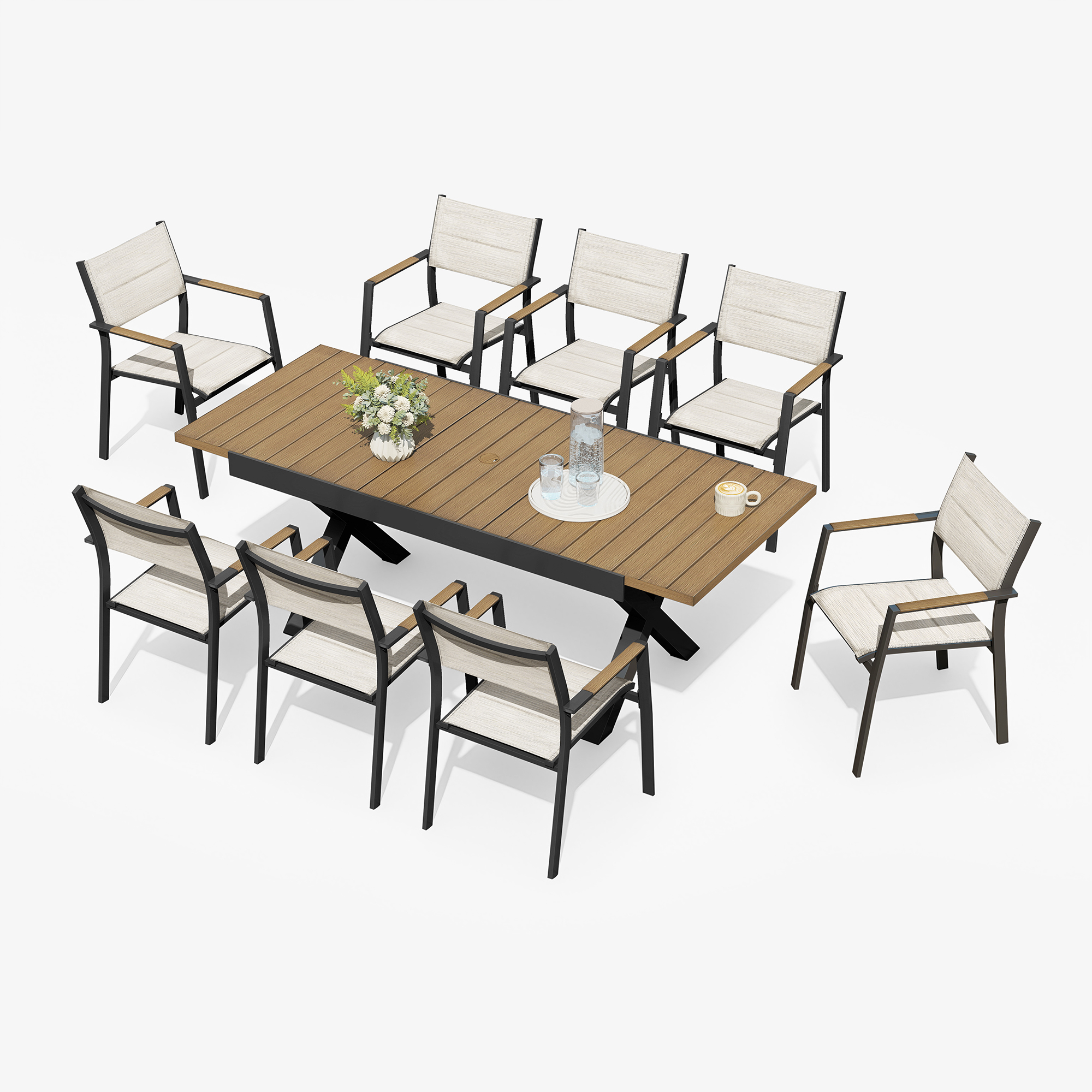 Expandable outdoor dining set with stackable chairs and wood tabletop-Seehill