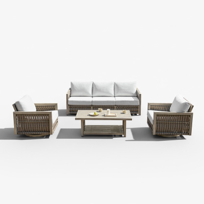 Modern outdoor rattan sofa set with white cushions and coffee table - Seehill