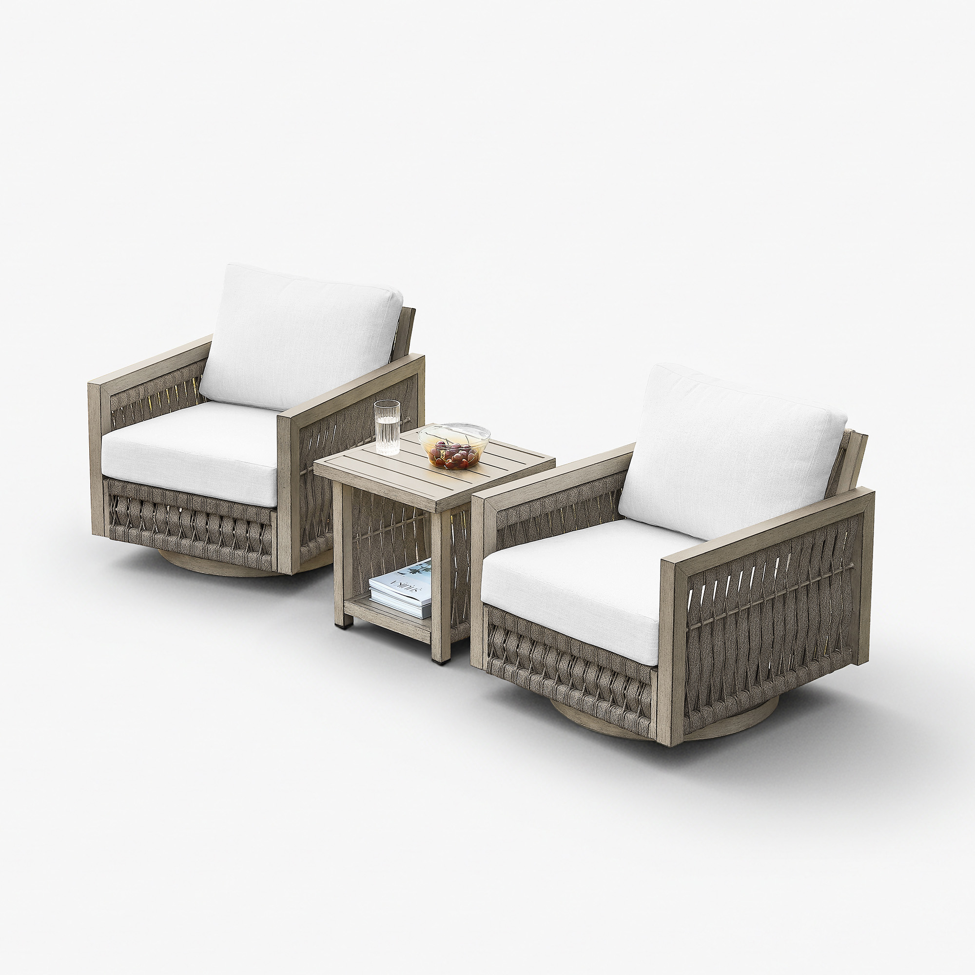 Experience the modern outdoor swivel chairs with woven rattan in our opulent outdoor patio. - Seehill