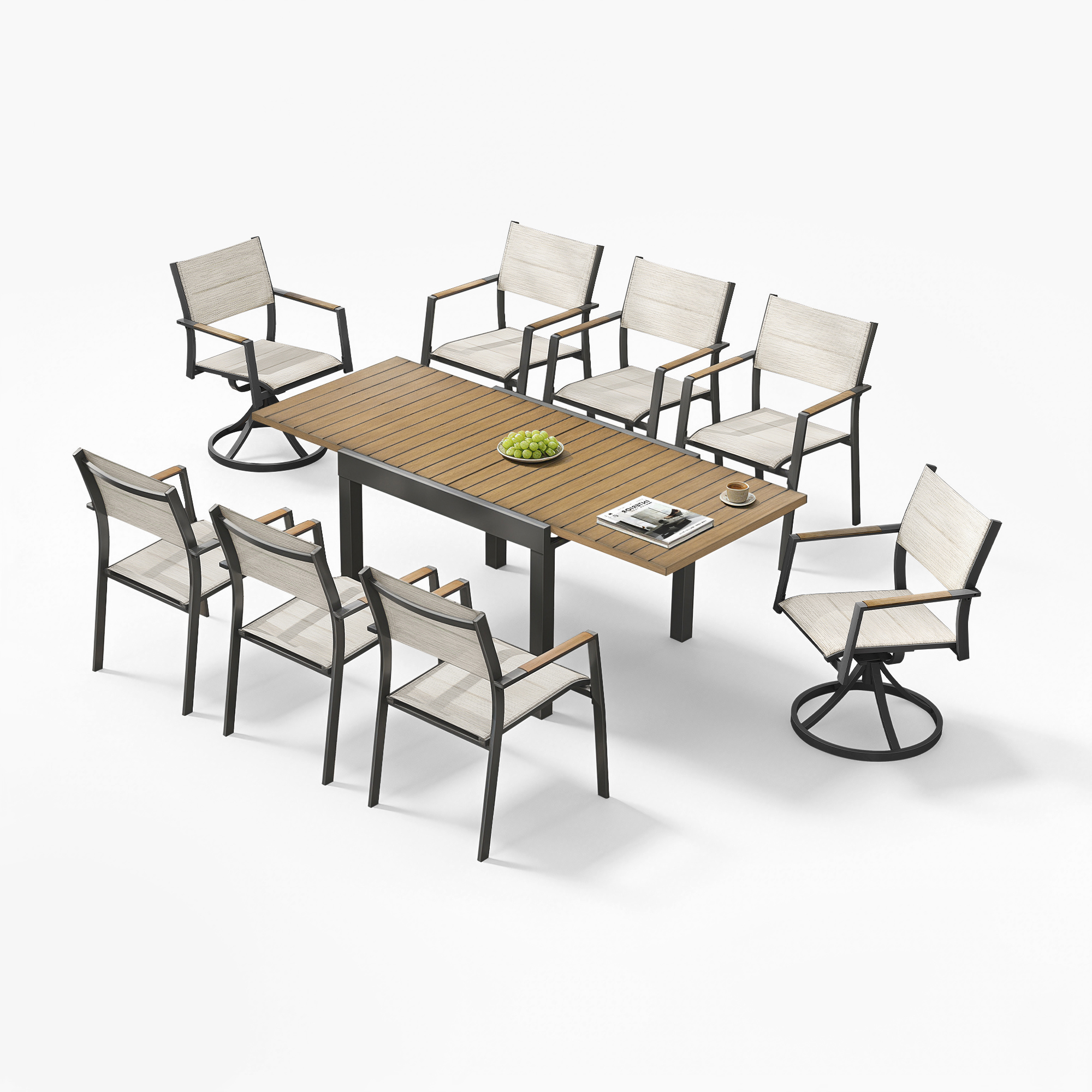 Coral Extendable outdoor dining set with swivel and stationary chairs in neutral tones-Seehill