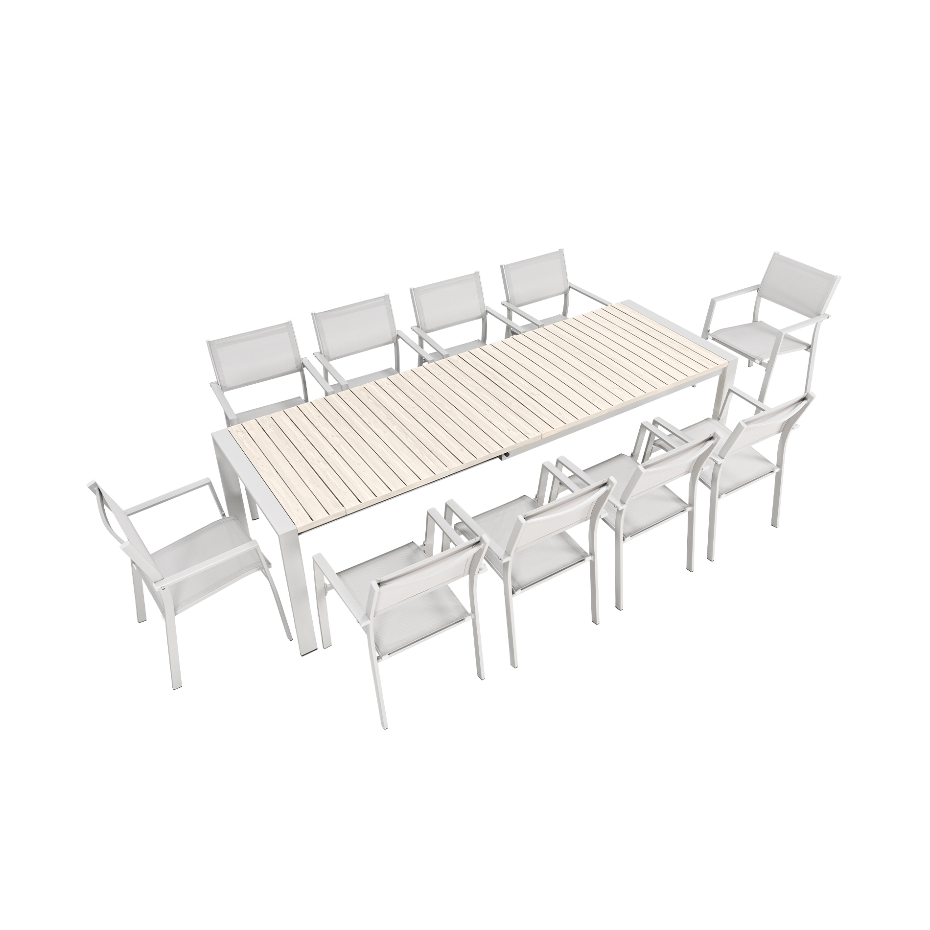 White outdoor dining set with 8 chairs and wooden table - Seehill