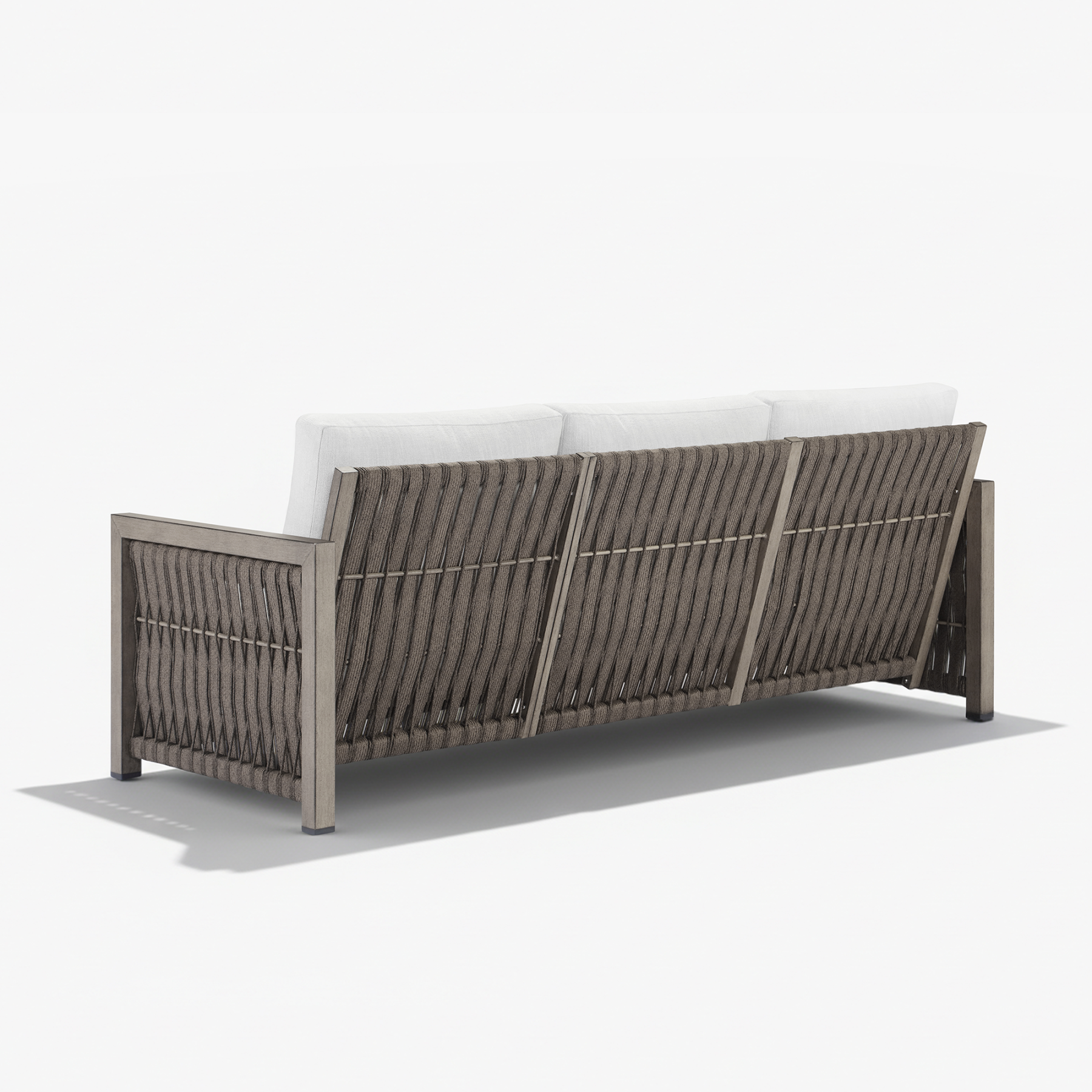 Outdoor wicker sofa with gray woven back, wooden frame, and white - Seehill