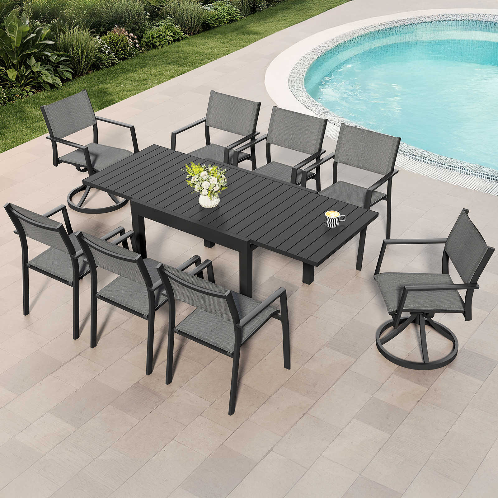9-Piece Extendable Outdoor Dining Set with Swivel Chairs for 8 Person- DS065-2