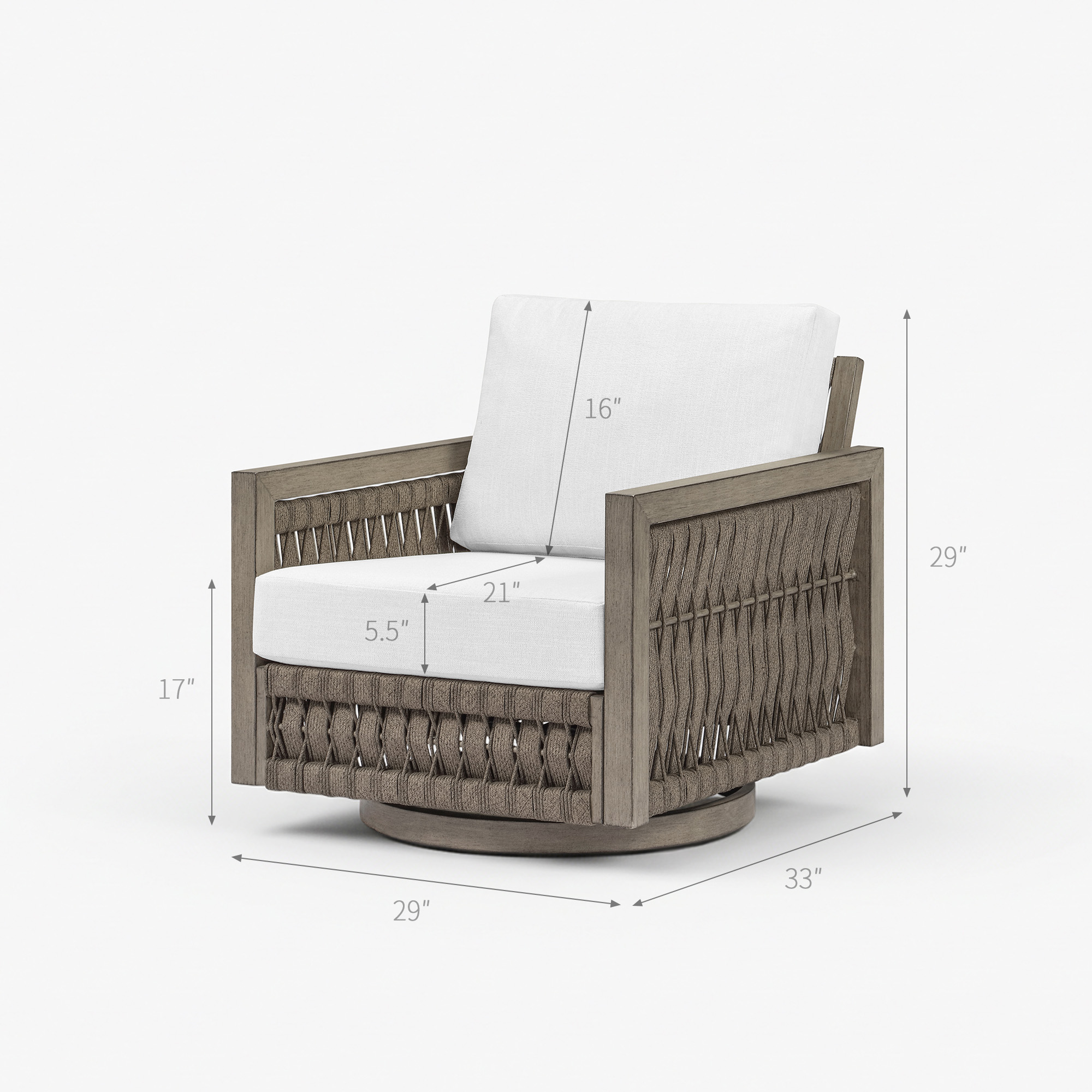 A premium oversize rope weave outdoor swivel sofa design features an outdoor swivel armchair with woven detailing and cushioned seating. - Seehill