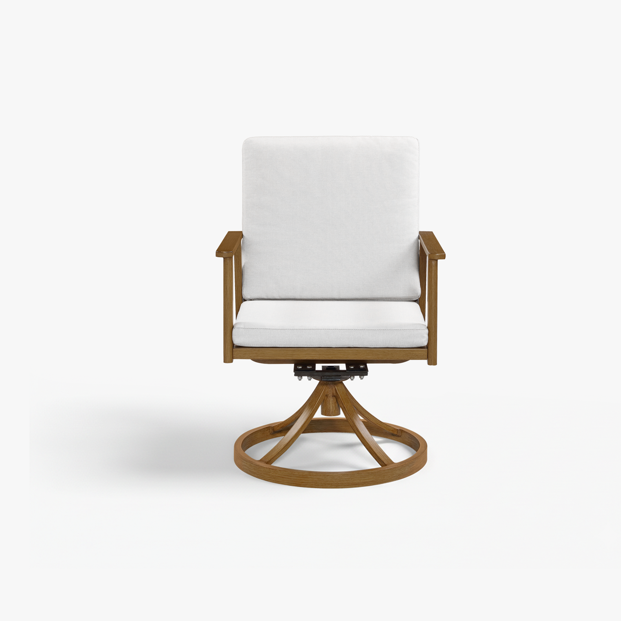 Modern swivel armchair with oak frame, white linen - Seehill