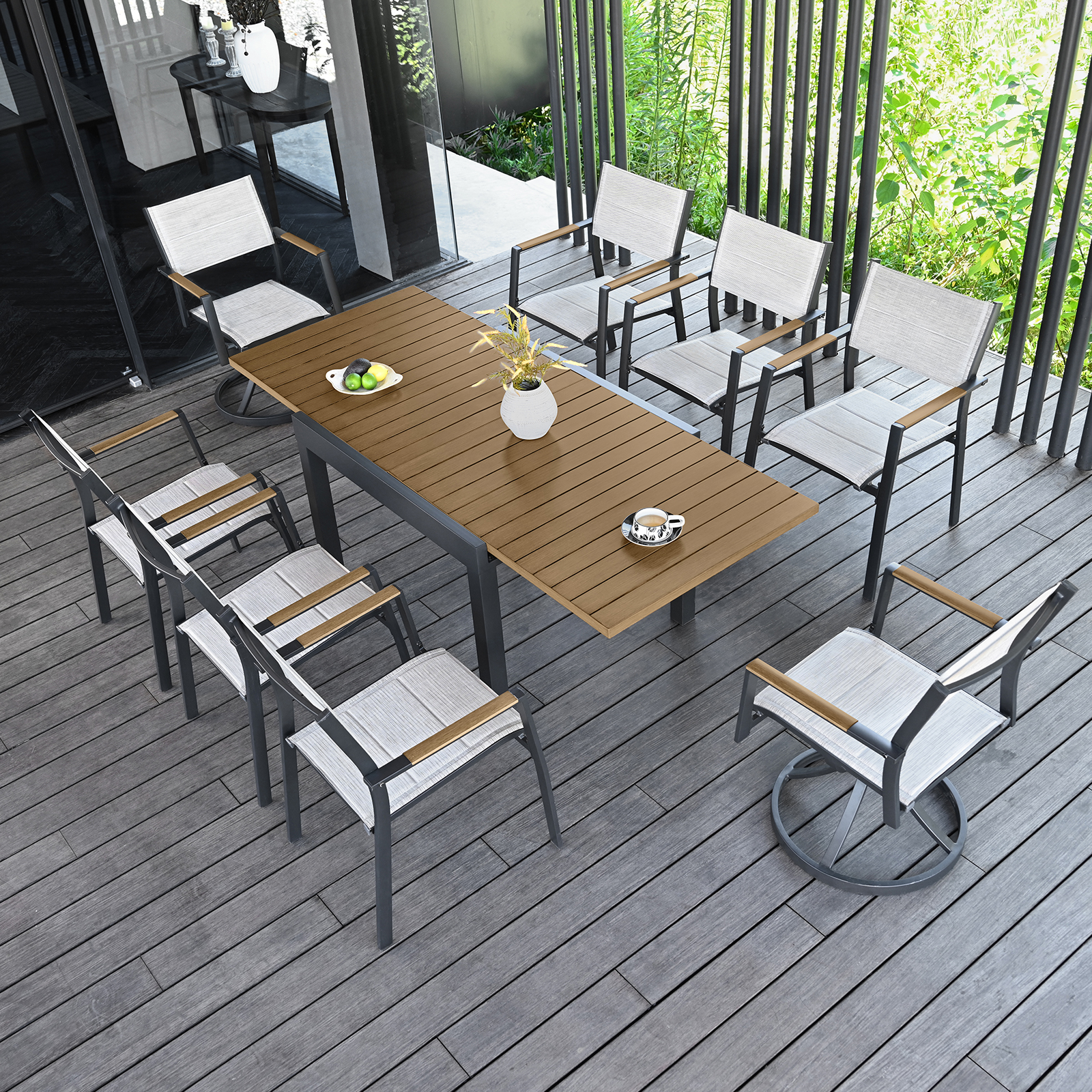 9-piece Extendable Outdoor Dining Set with Swivel Chairs for 8 person- DS065-2