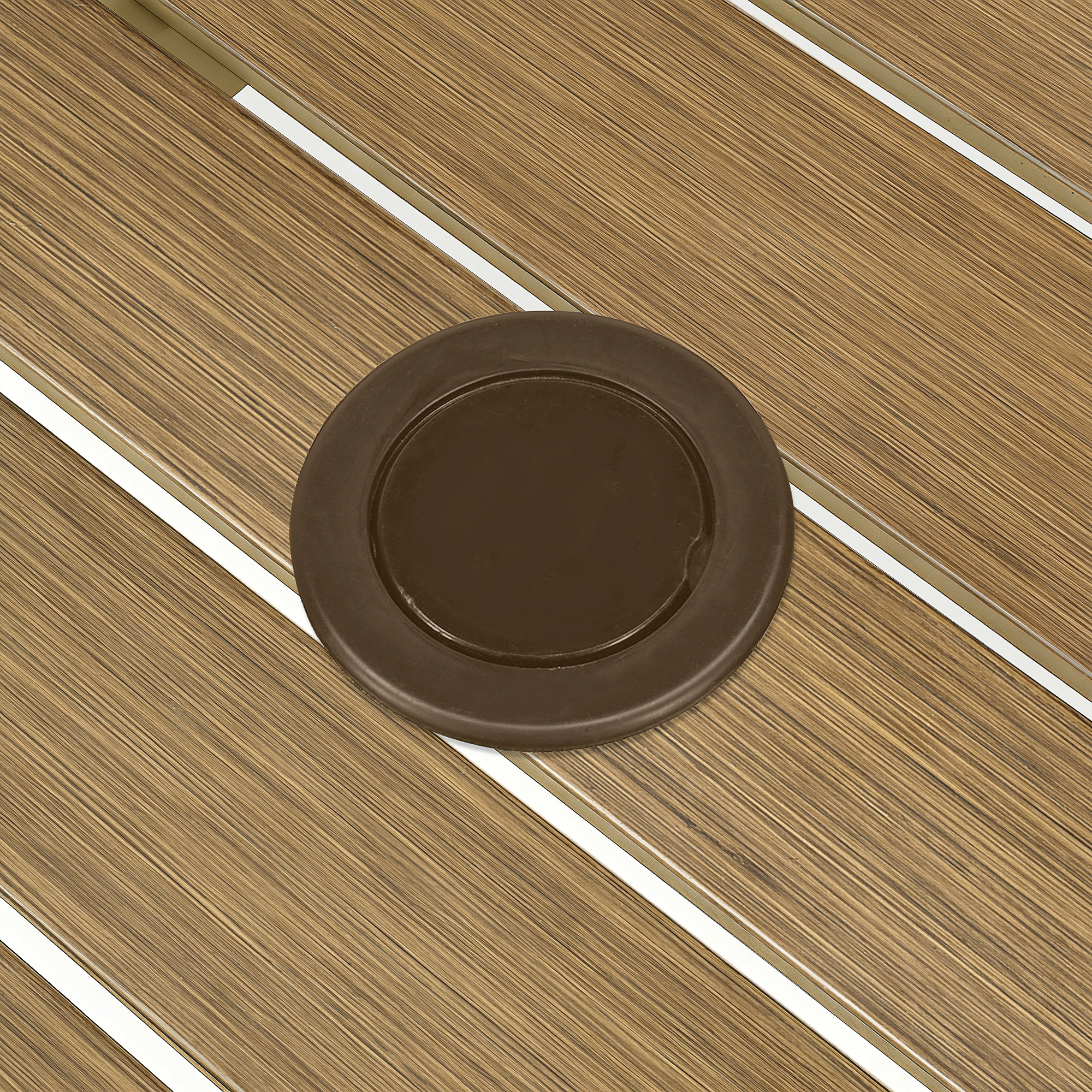 Close-up of the umbrella hole on a wood-grain patio rectangular dining table surface -Seehill