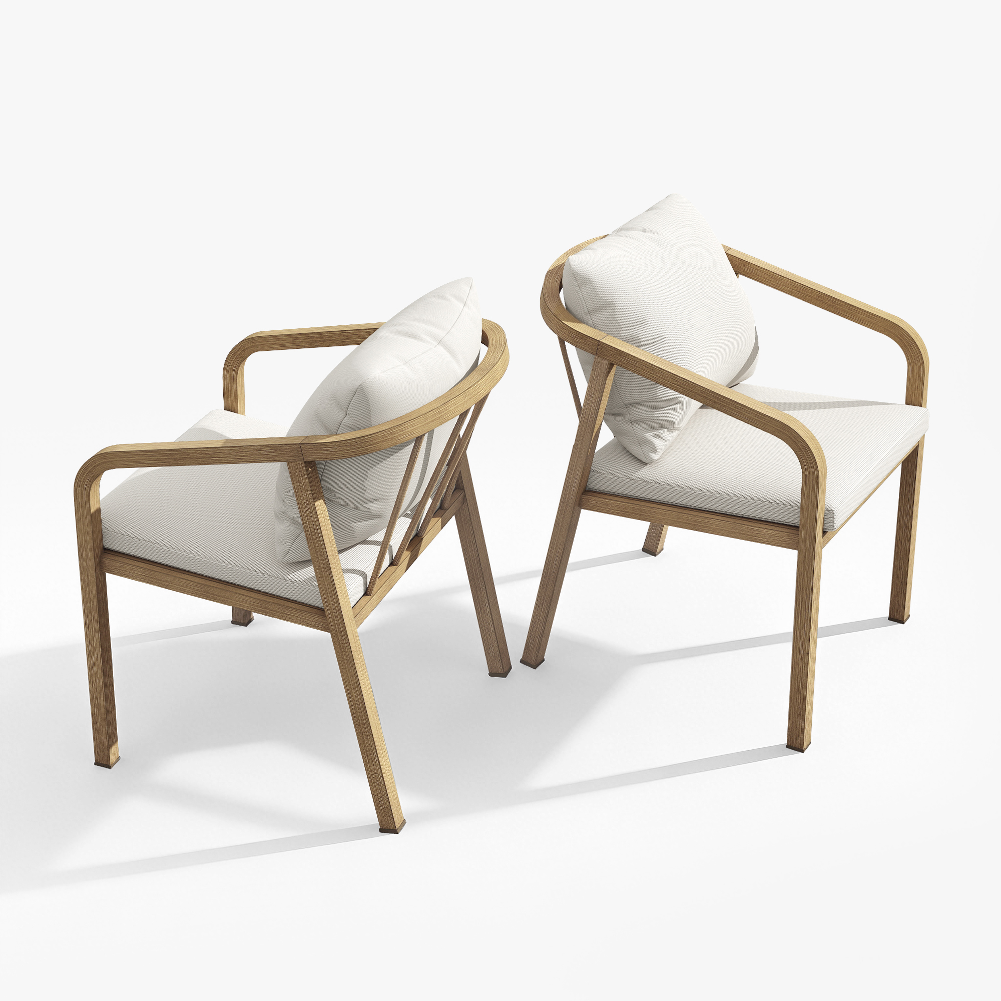 Two outdoor dining chairs with wraparound wooden frames and white cushions on white backgrou-Seehill