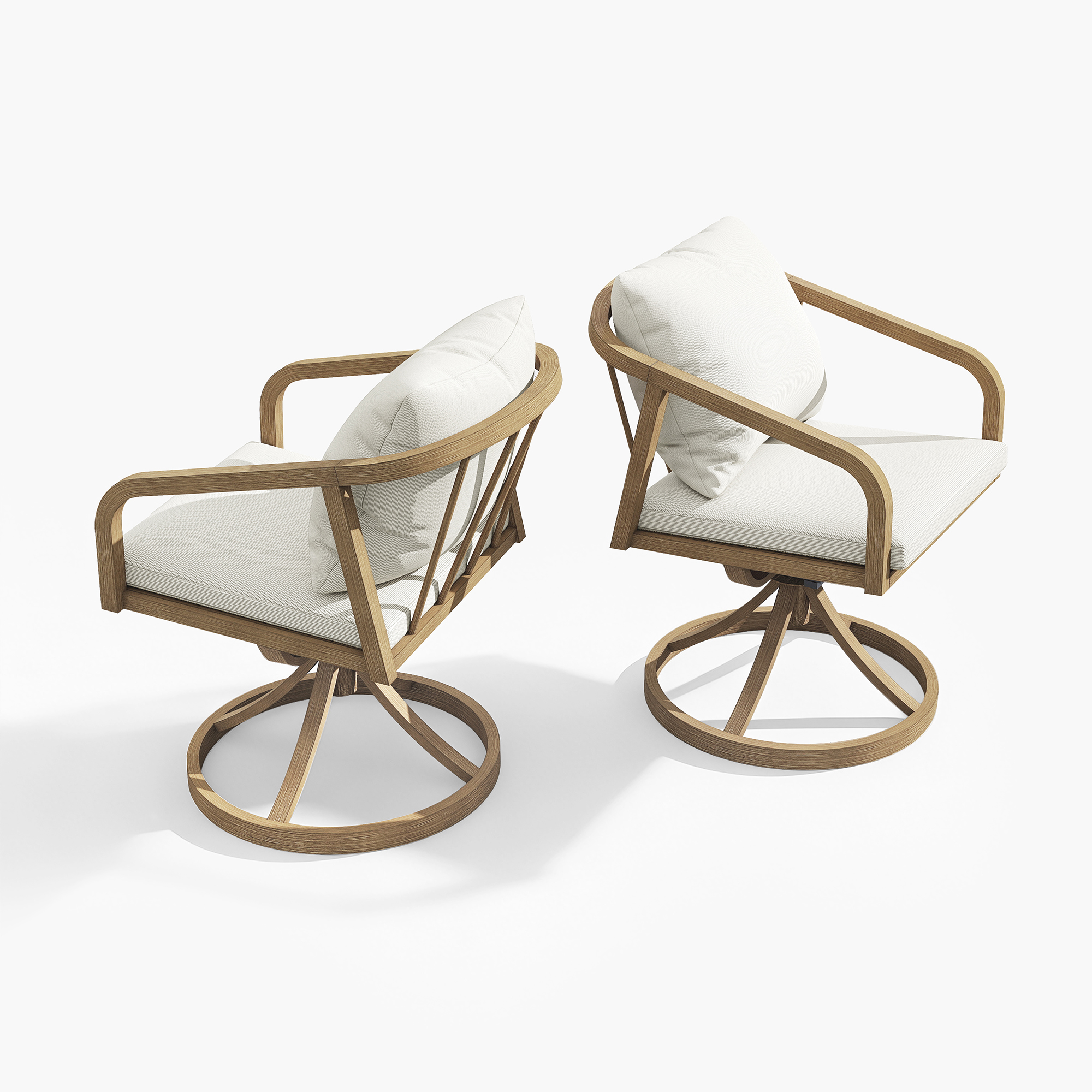Two wooden outdoor swivel dining chairs with white cushions and wrap design-Seehill