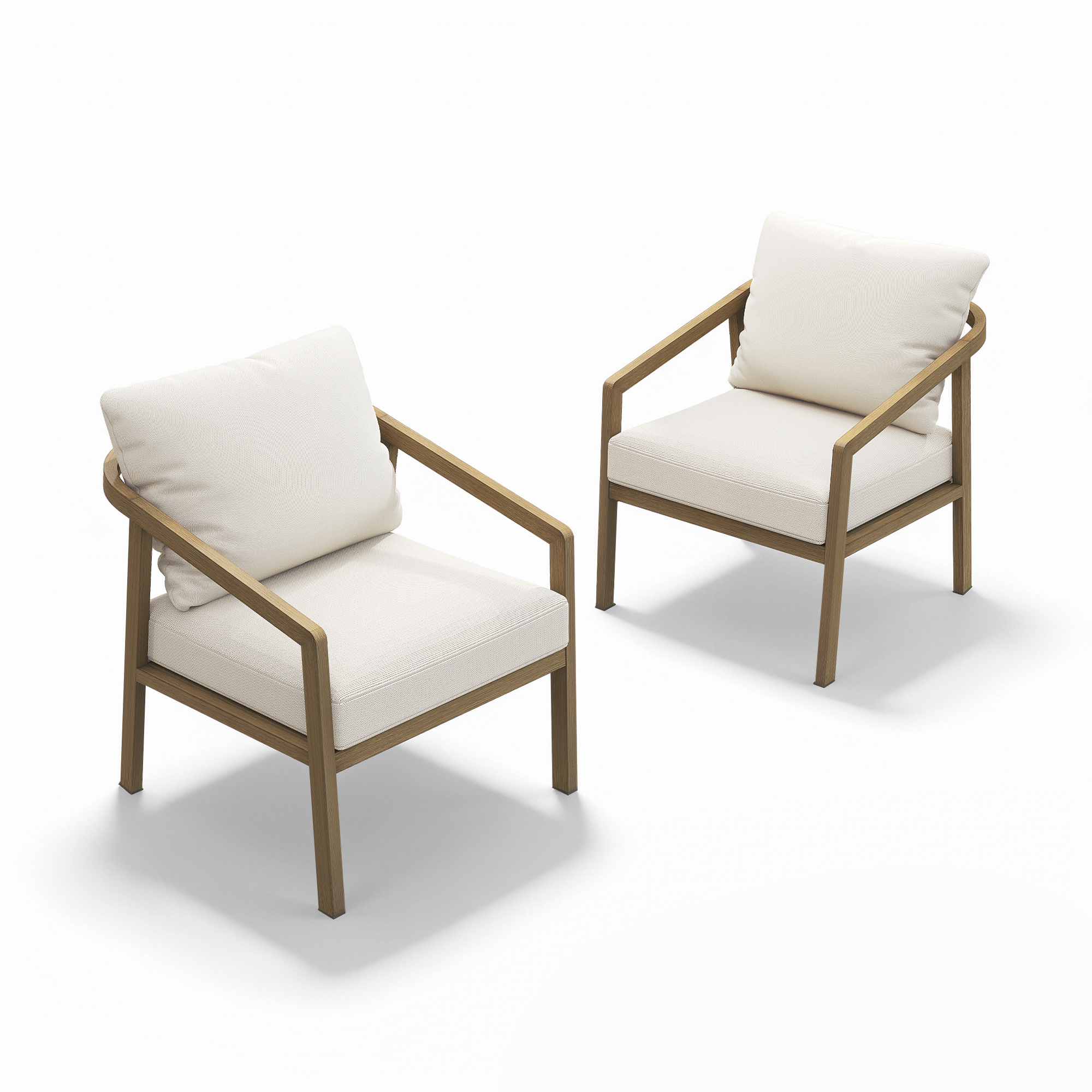Delta Two beige cushioned outdoor armchairs with wooden frames on a white background-Seehill