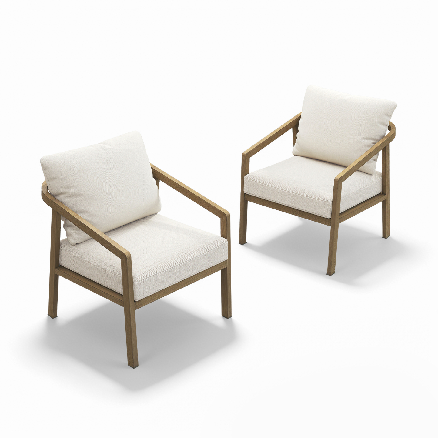 A premium piece Patio Outdoor Armchair Set design with two dark brown wicker armchairs with beige cushions. - Seehill