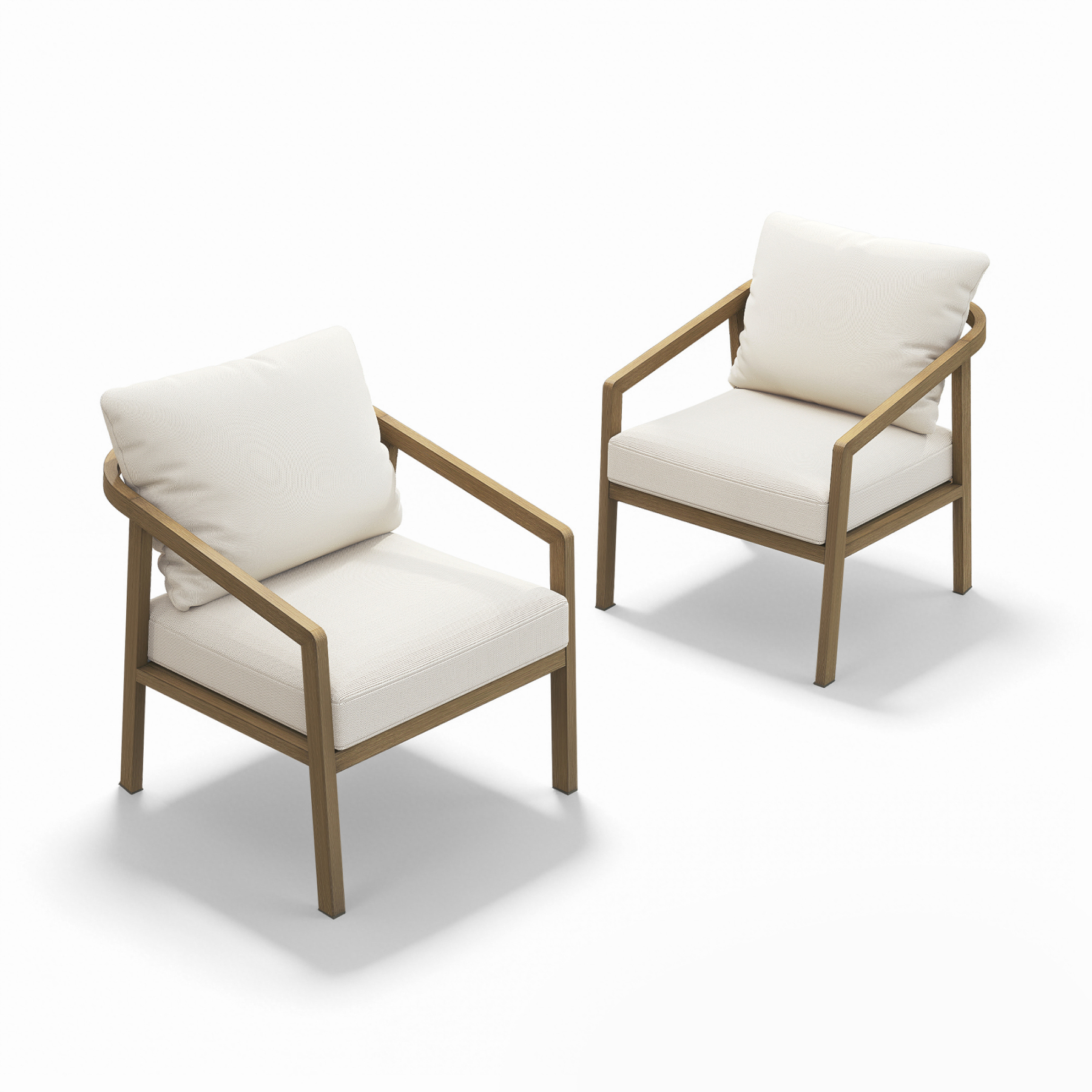 A premium piece Patio Outdoor Armchair Set design with two dark brown wicker armchairs with beige cushions. - Seehill