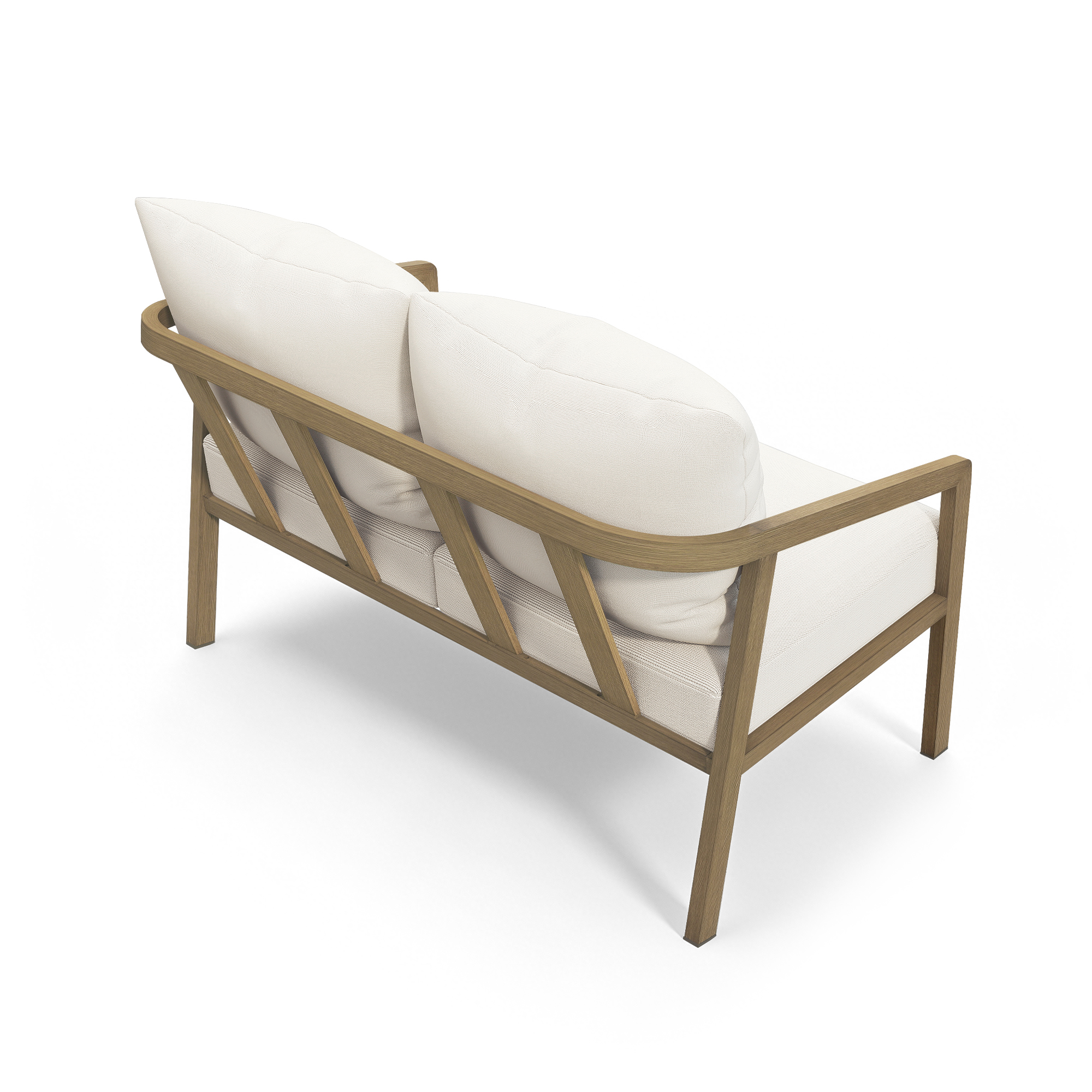Outdoor loveseat with wooden frame and white cushions viewed from the back-Seehill