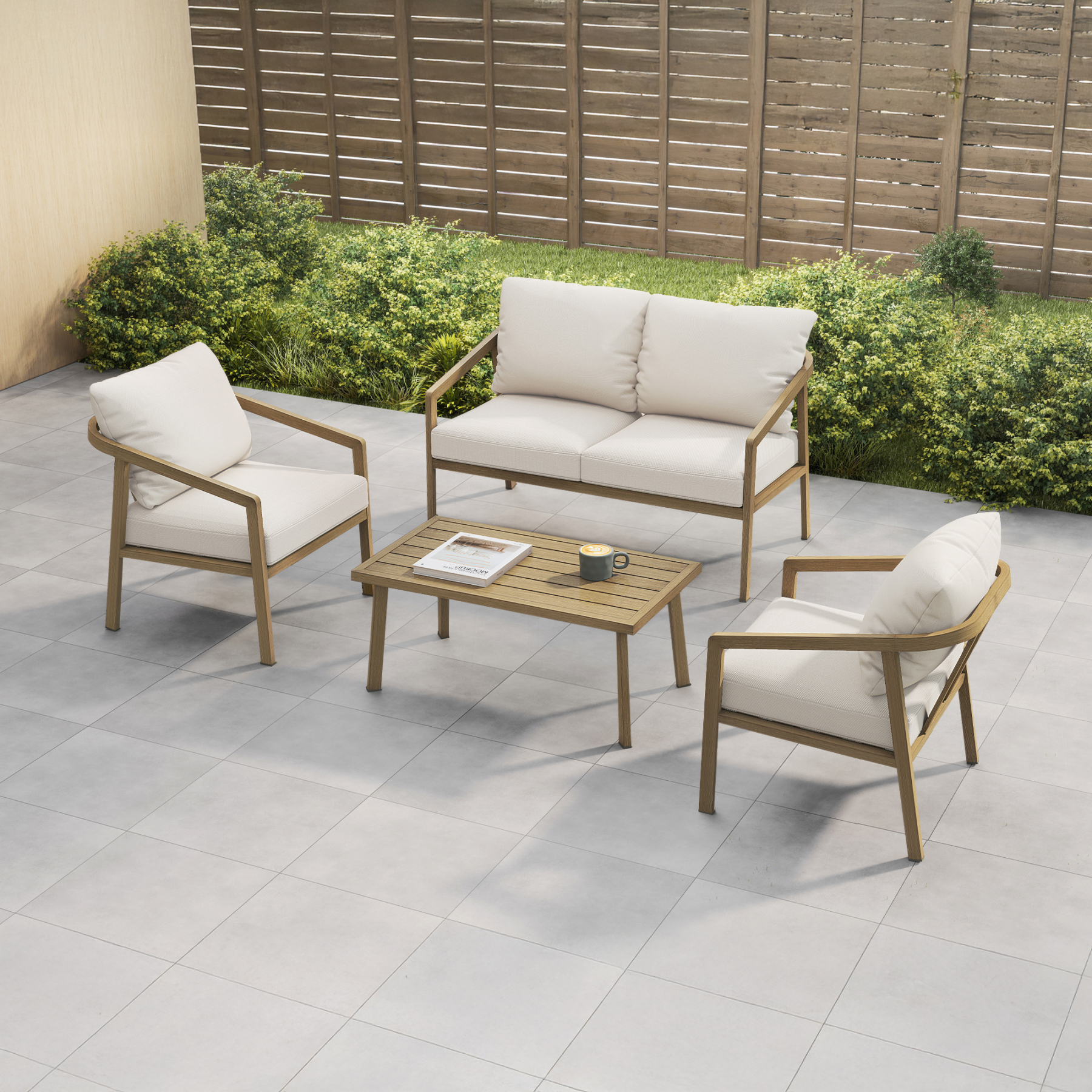 Crafted with cushioned armchairs and a glass top table, the Piece Outdoor Conversation Set offers comfort and style. - Seehill