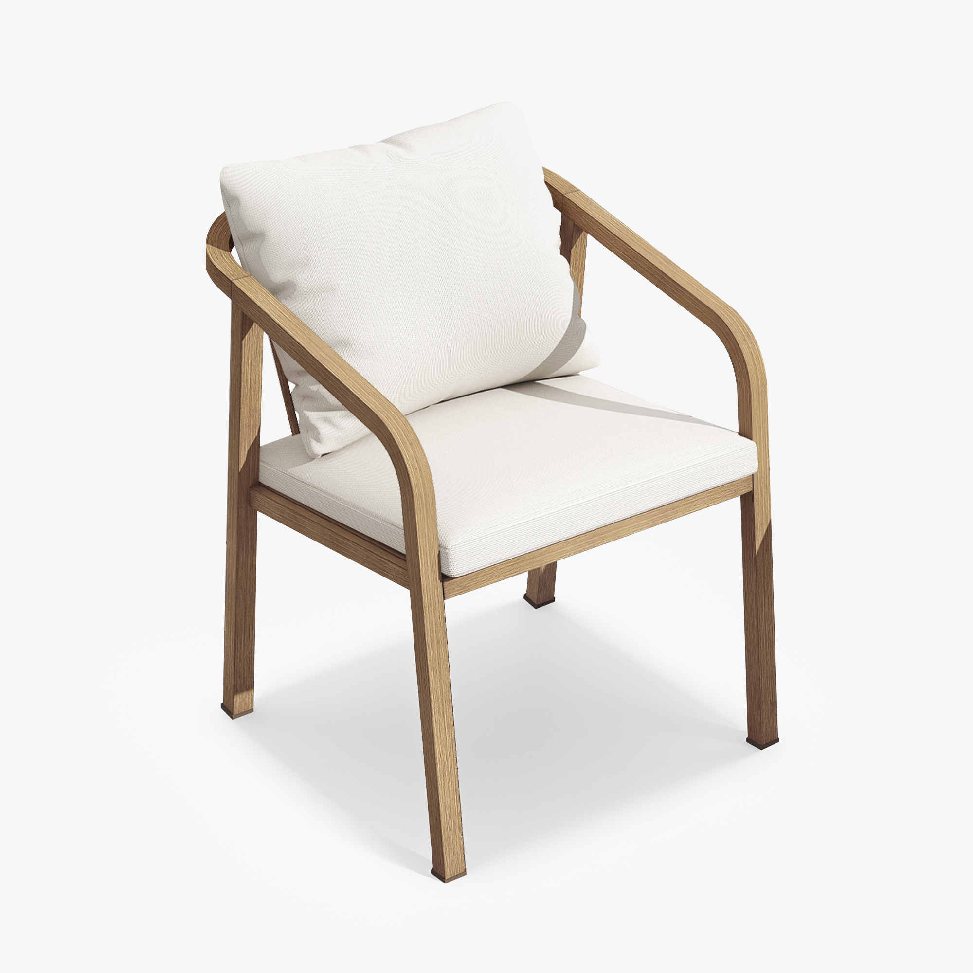Wood framed outdoor dining chair with white cushions and curved armrests-Seehill
