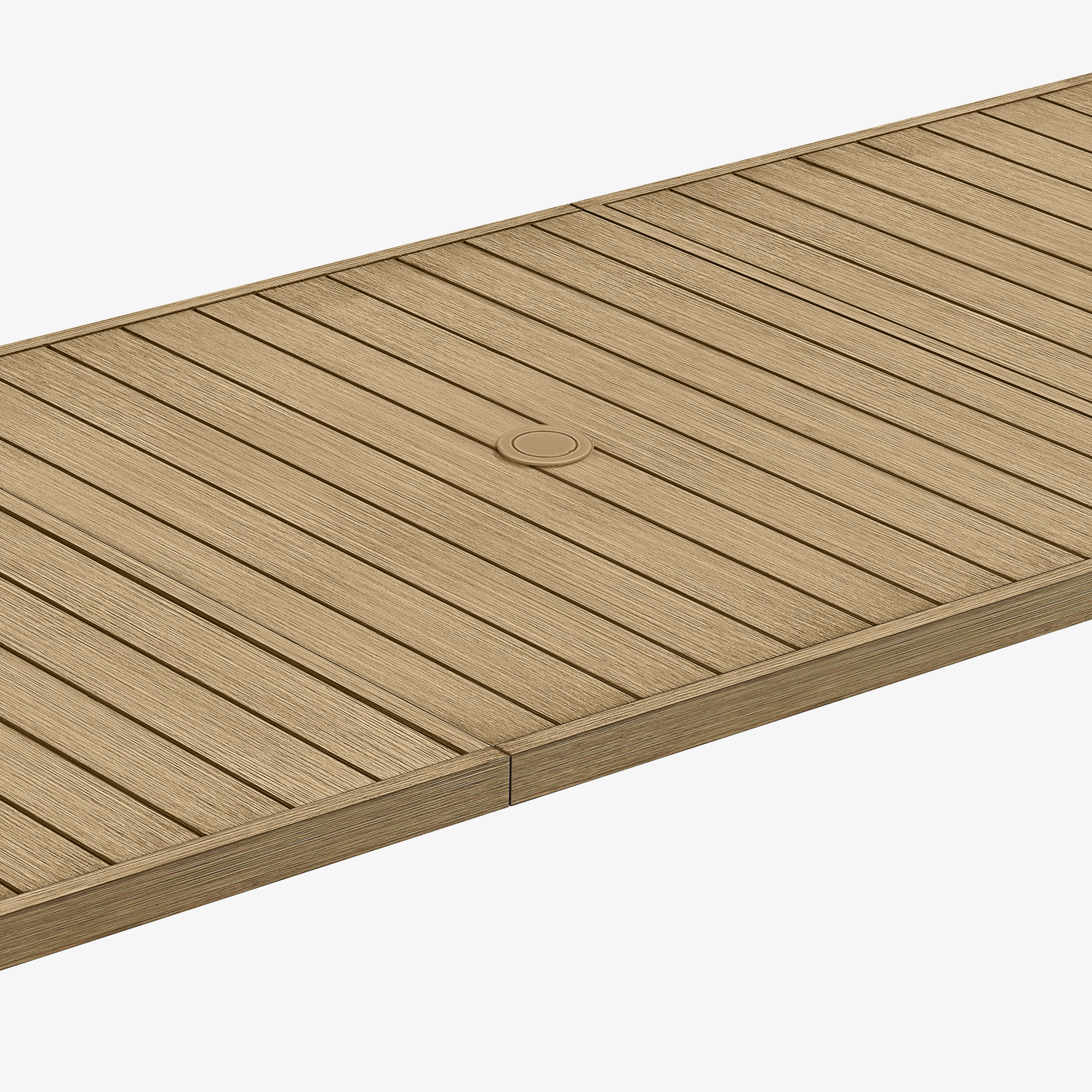 Close-up of a rectangular patio table surface with umbrella hole in wood finish-Seehill