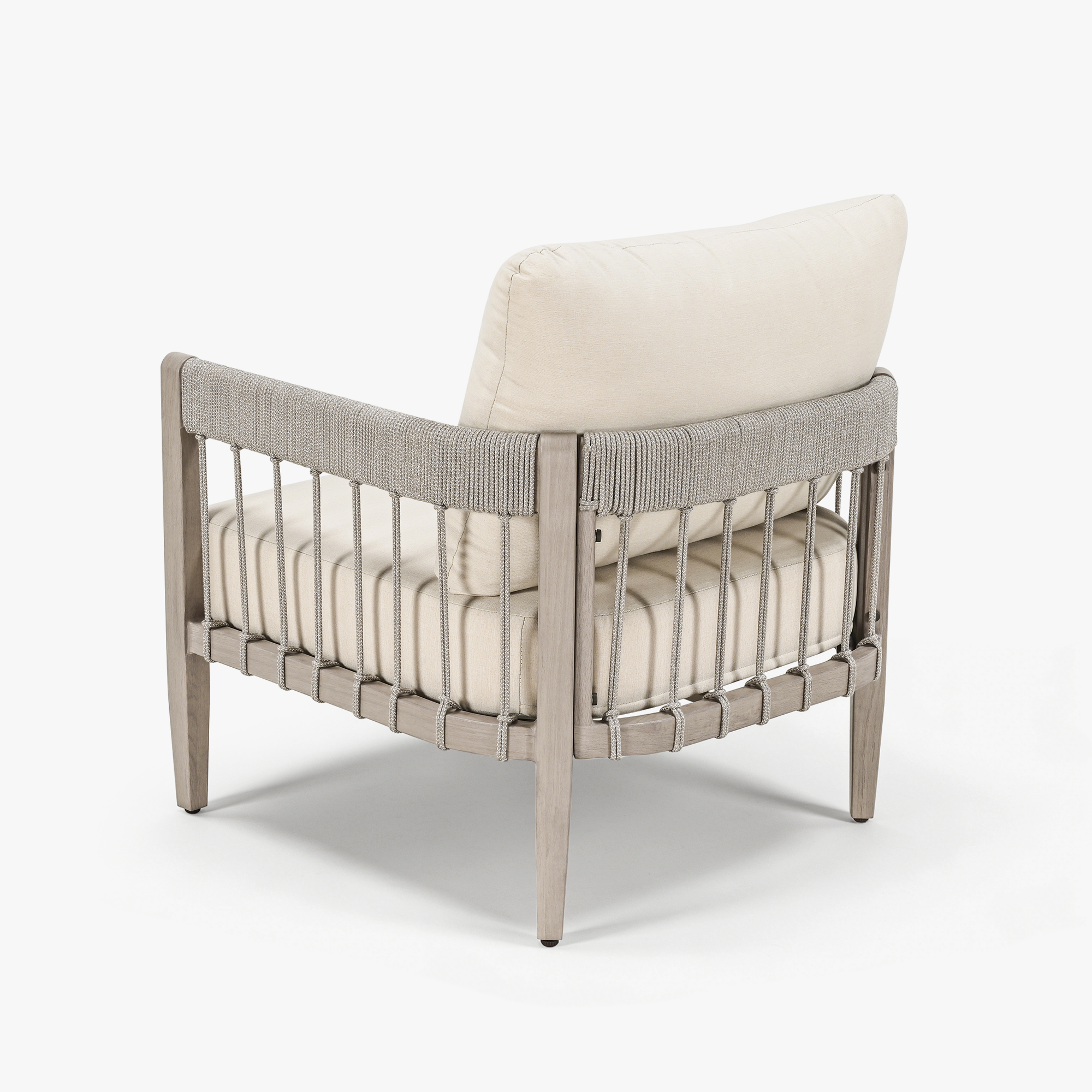 Outdoor sofa chair with beige cushions and faux wood grain frame on white background-Seehill