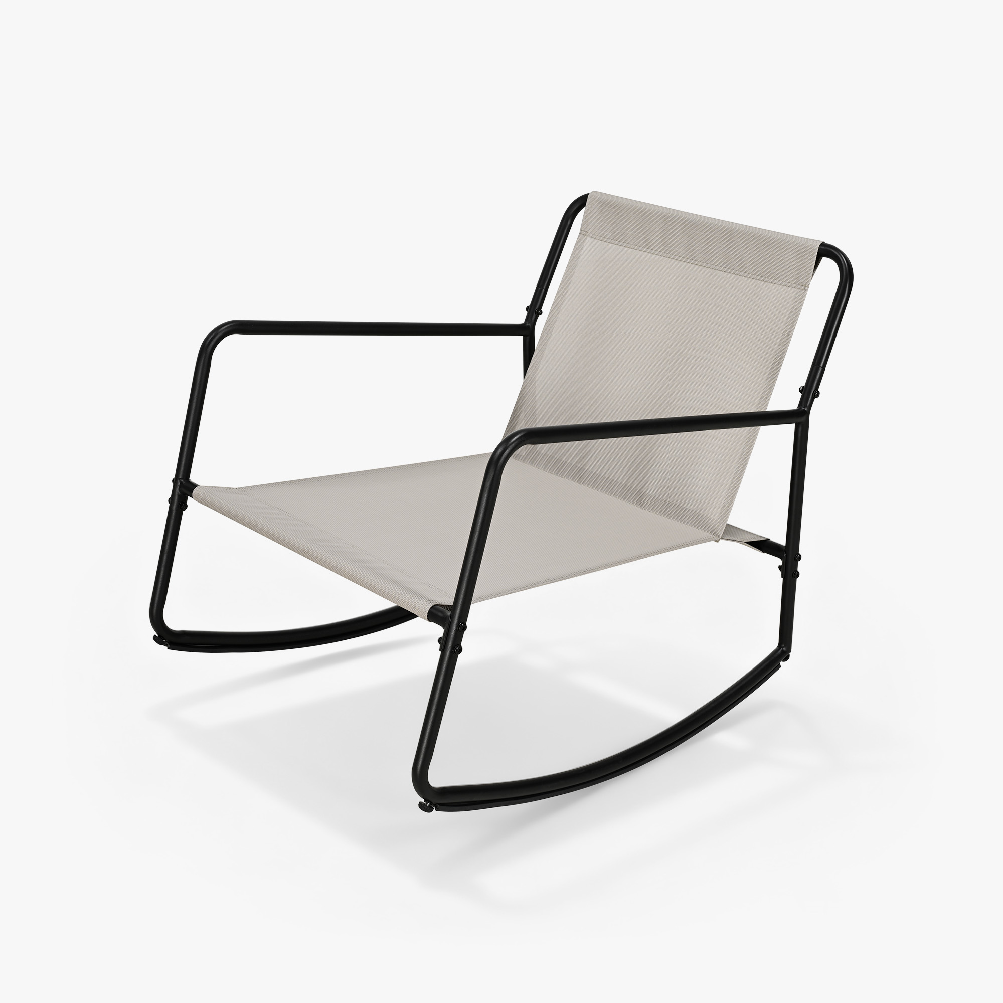Modern patio rocking chair with black metal frame and light fabric seat on white background-Seehill