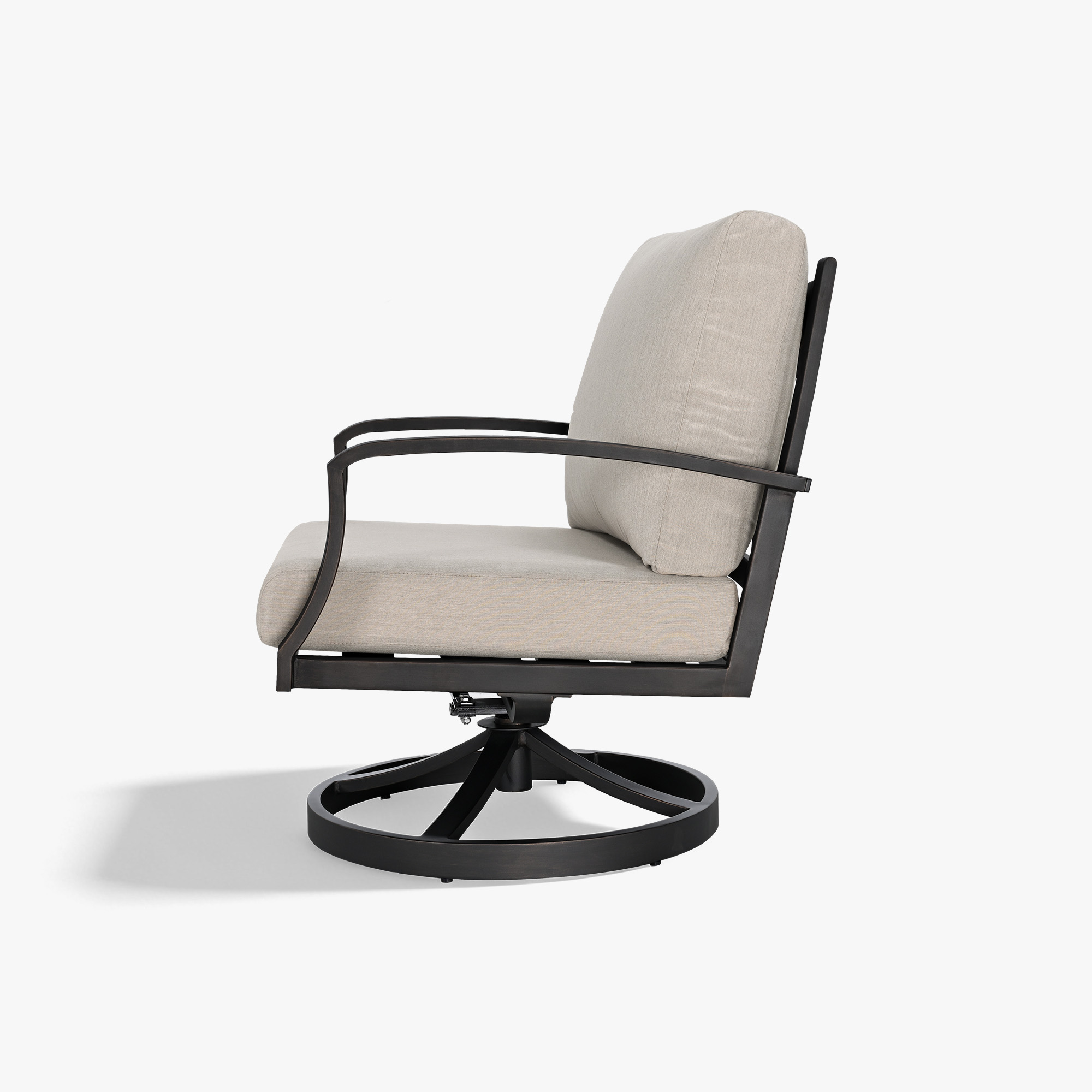 Side view of a wide seating outdoor swivel sofa chair with beige cushions and metal frame-Seehill