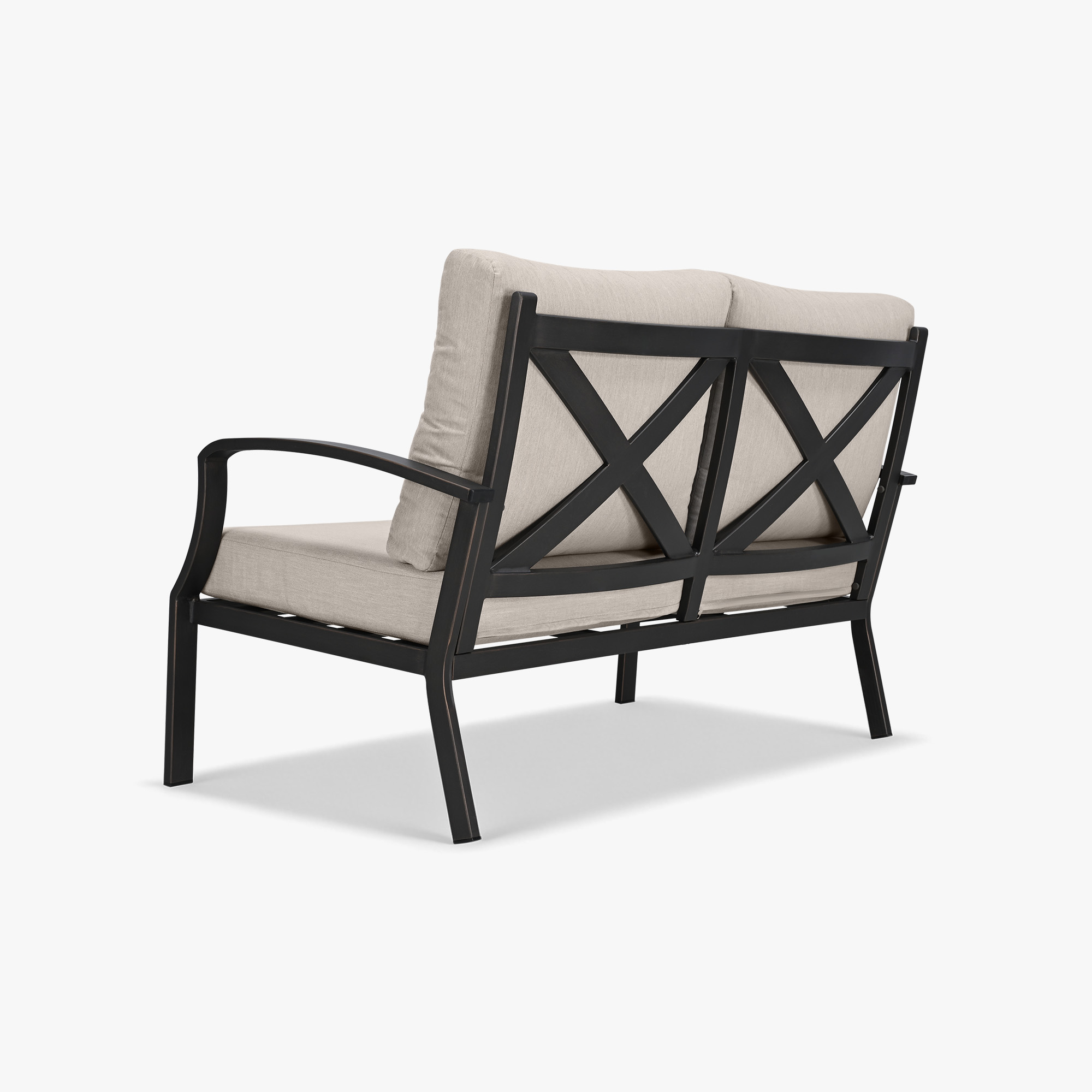 Back view of a two-seater outdoor loveseat sofa with beige cushions and black metal frame -Seehill