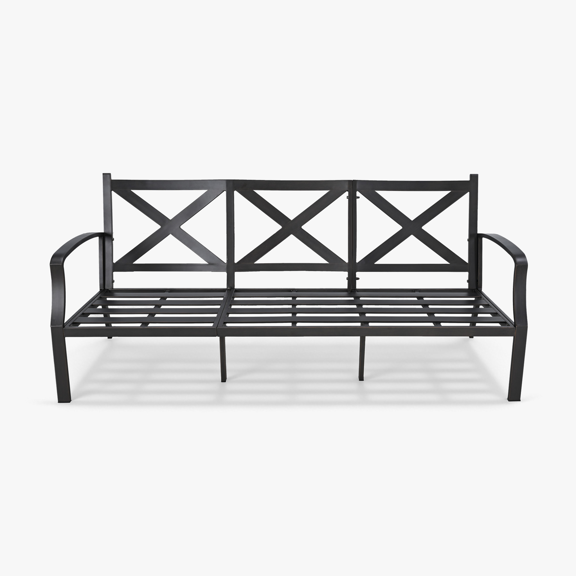 Black metal frame patio sofa with cross back design and armrests on white background -Seehill