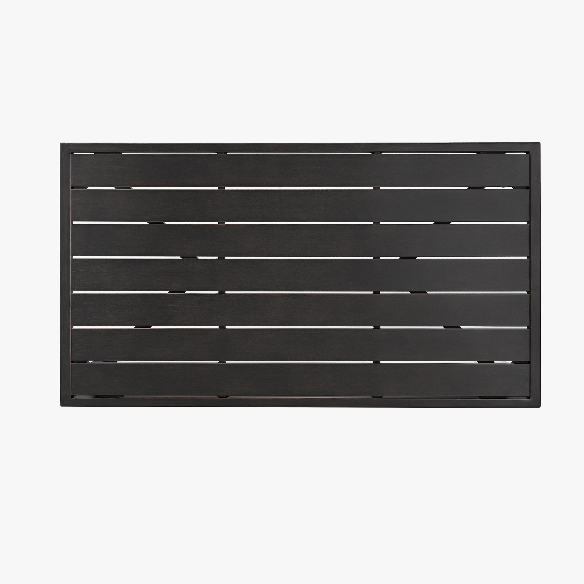 Top view of a dark wood slatted rectangular outdoor patio coffee table surface -Seehill