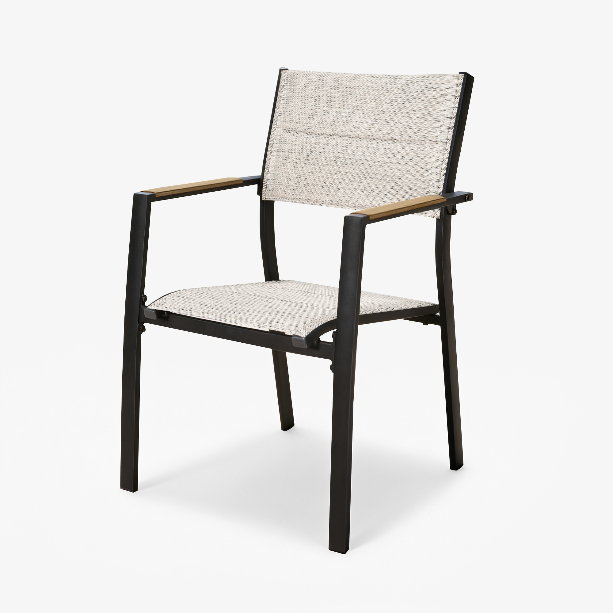 Outdoor dining chair with black metal frame and light fabric seat and backrest-Seehill