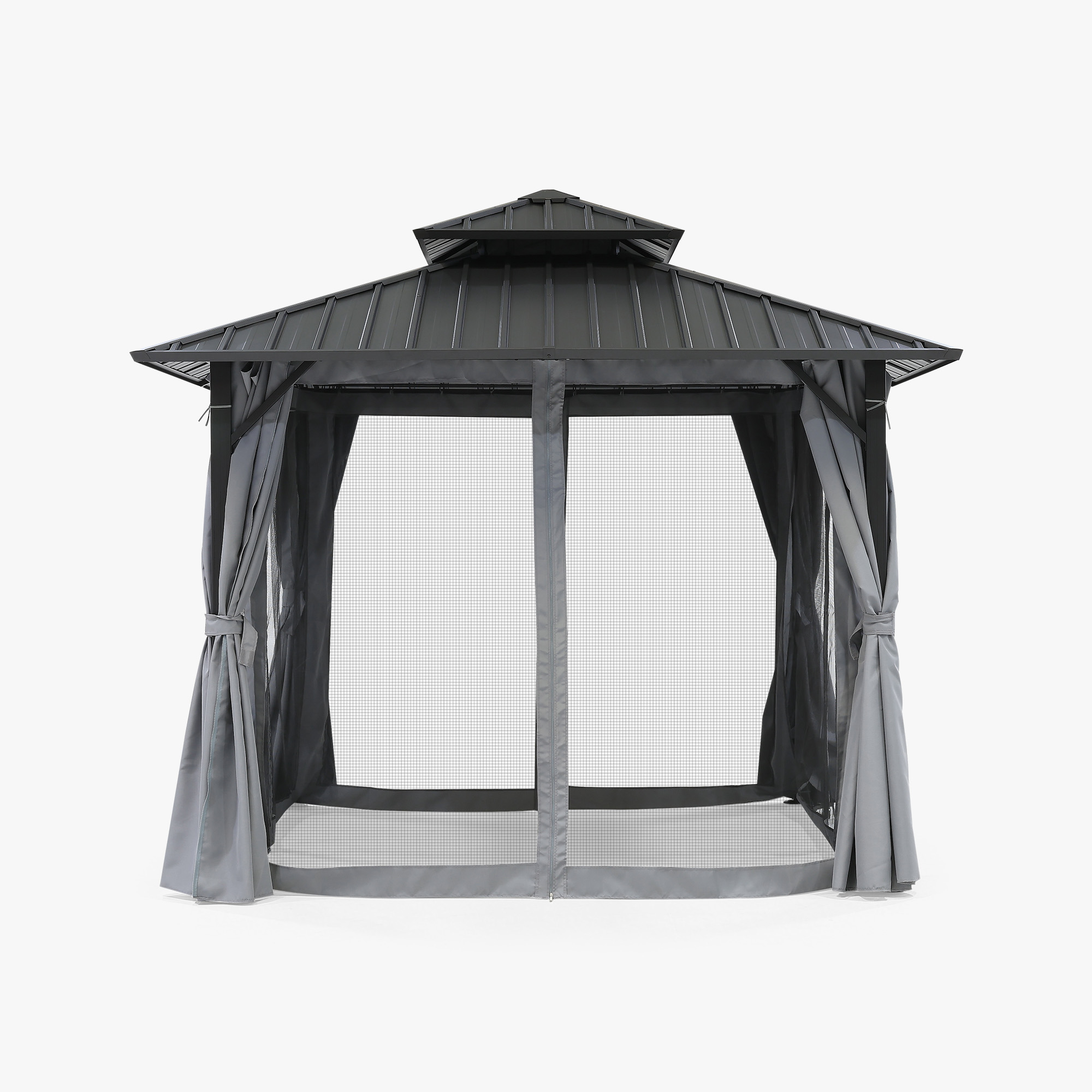 Gray outdoor patio hardtop gazebo with mesh netting and tied back curtains -Seehill