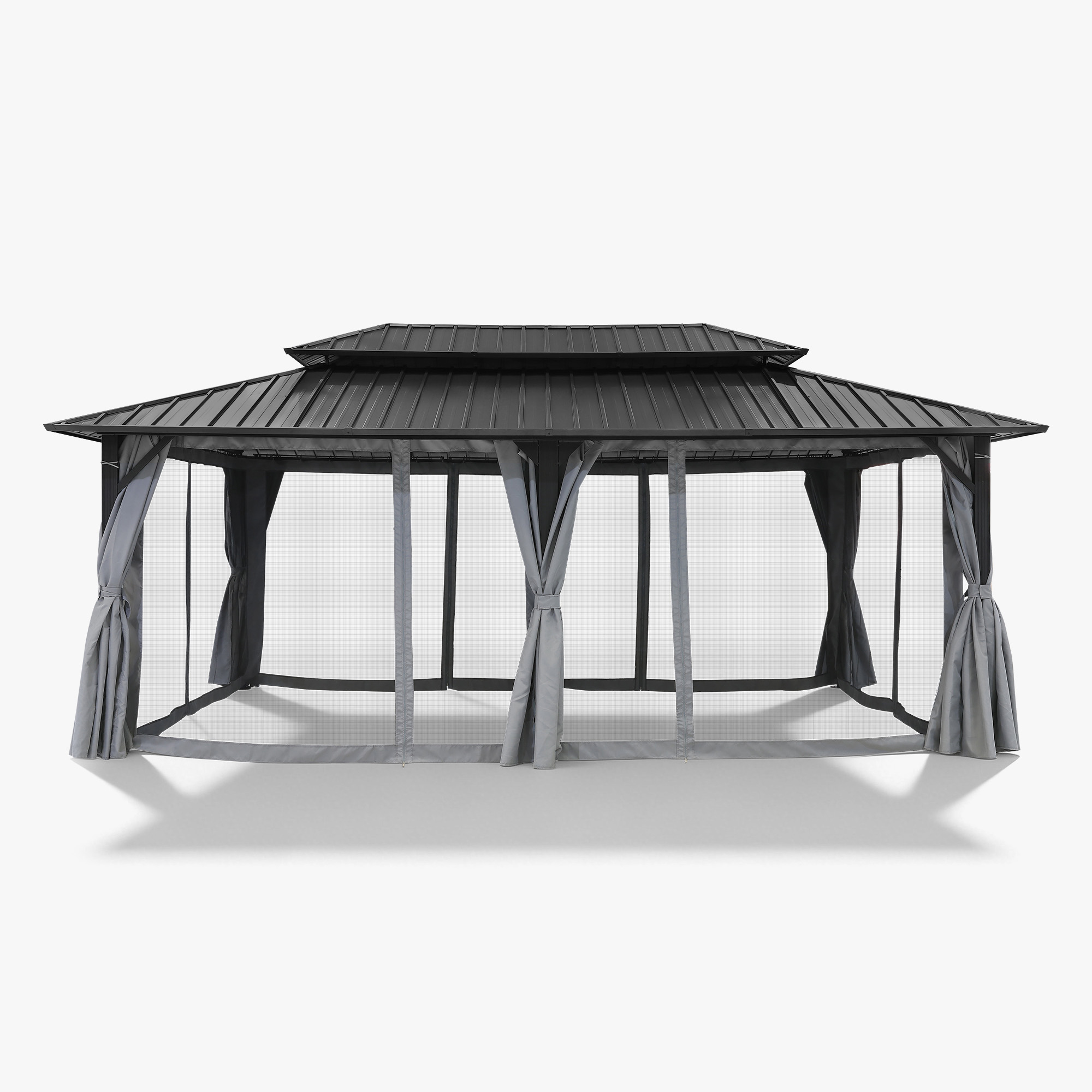 Large outdoor patio gazebo with hardtop roof and mesh netting on white background-Seehill
