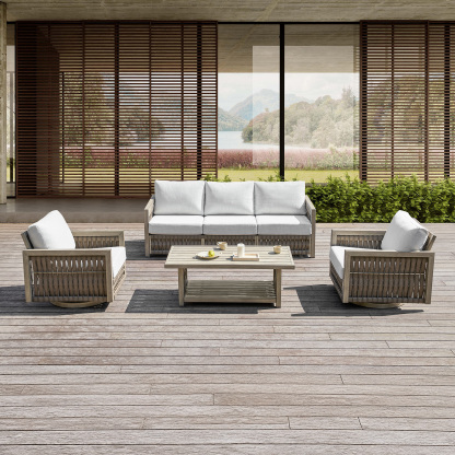 Modern outdoor rattan sofa set with white cushions - Seehill