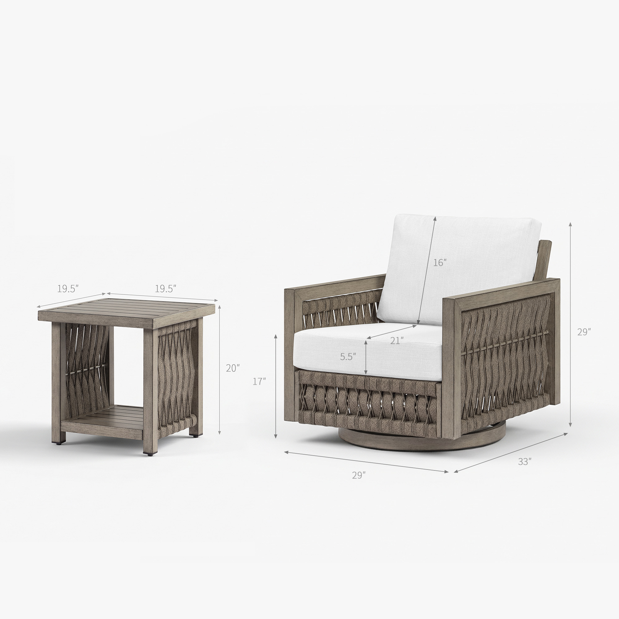 Highlighting the outdoor swivel armchair with side table, woven design, and white cushions of this refined outdoor patio. - Seehill