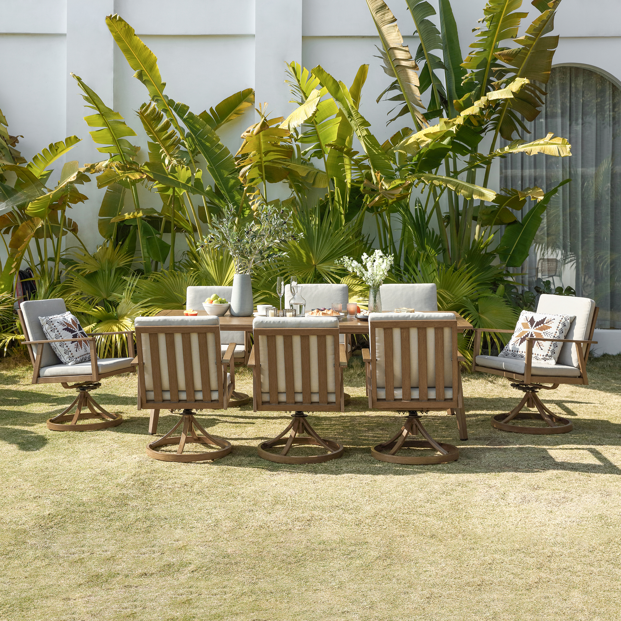 Modern piece outdoor patio dining set, all-weather aluminum furniture with umbrella hole, includes swivel chairs. - Seehill