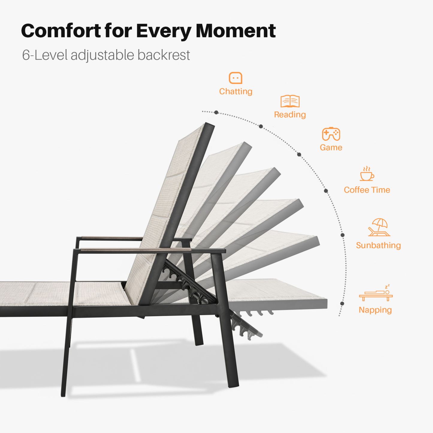 Adjustable outdoor lounge chair with 6-position backrest for comfort - Seehill