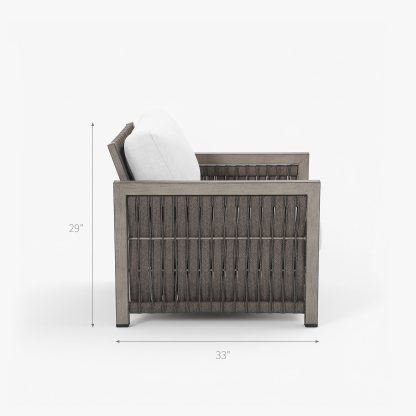 Modern outdoor armchair with woven back and white cushion, 33" wide - Seehill