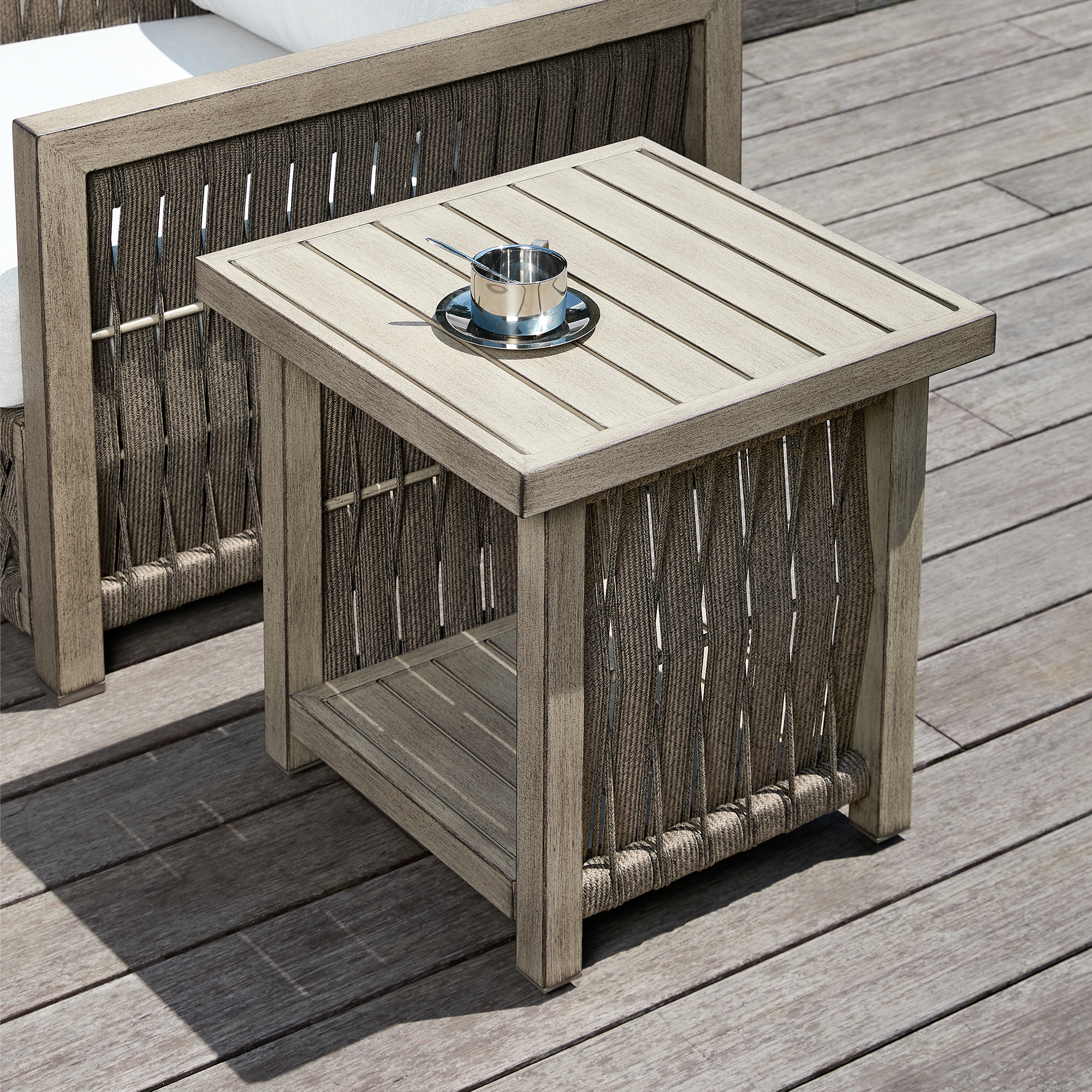 Outdoor wicker side table with wooden top and storage shelf - Seehill