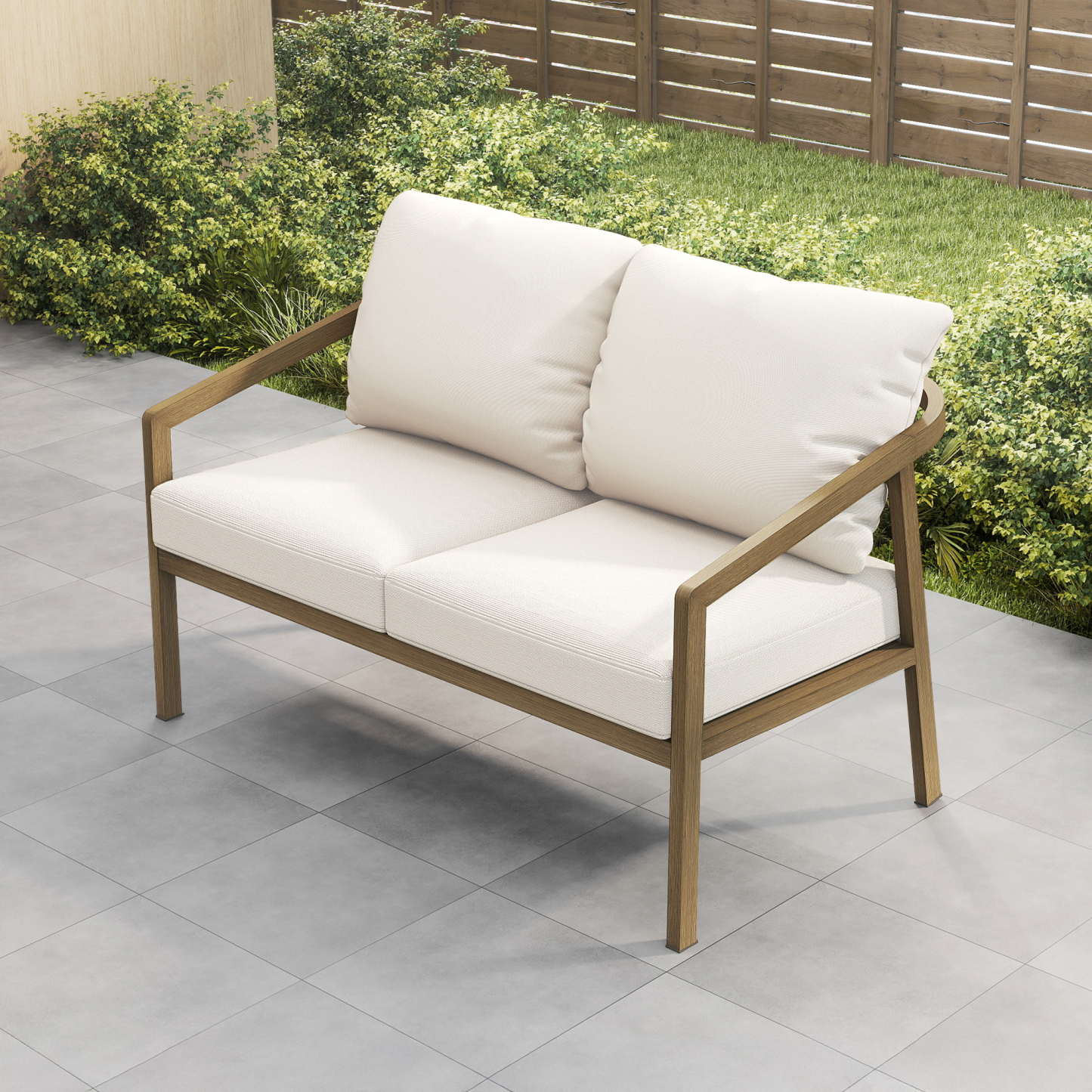 The luxury Seater Patio Outdoor Loveseat design presents a seater outdoor loveseat with beige cushions. - Seehill