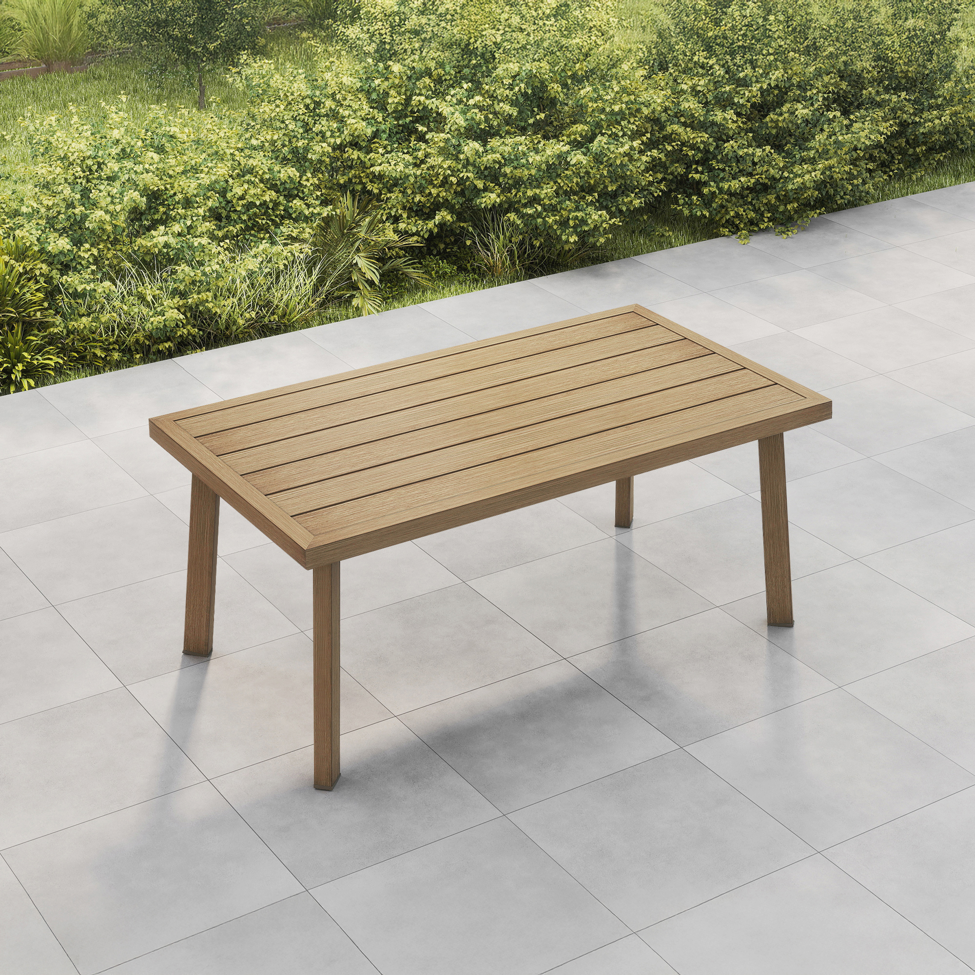 Crafted with a rectangular outdoor coffee table with natural wood grain texture on a sleek metal frame. - Seehill