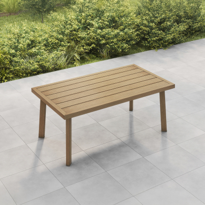 Crafted with a rectangular outdoor coffee table with natural wood grain texture on a sleek metal frame. - Seehill