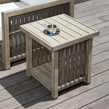 Outdoor wicker side table with wooden top and storage shelf - Seehill