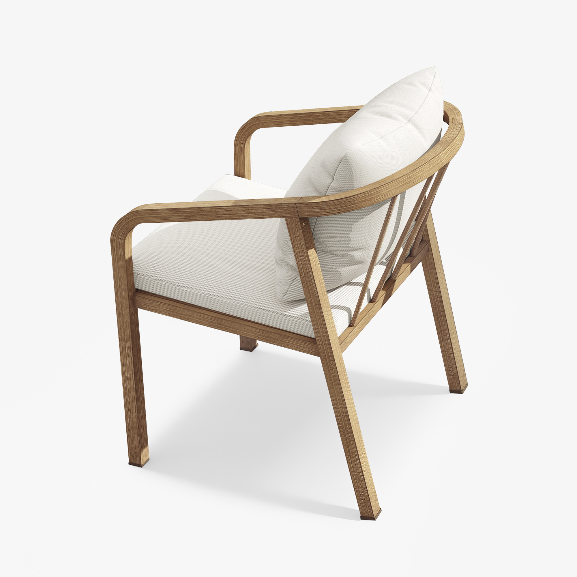 Wood framed outdoor chair with white cushions and curved armrests on white-Seehill