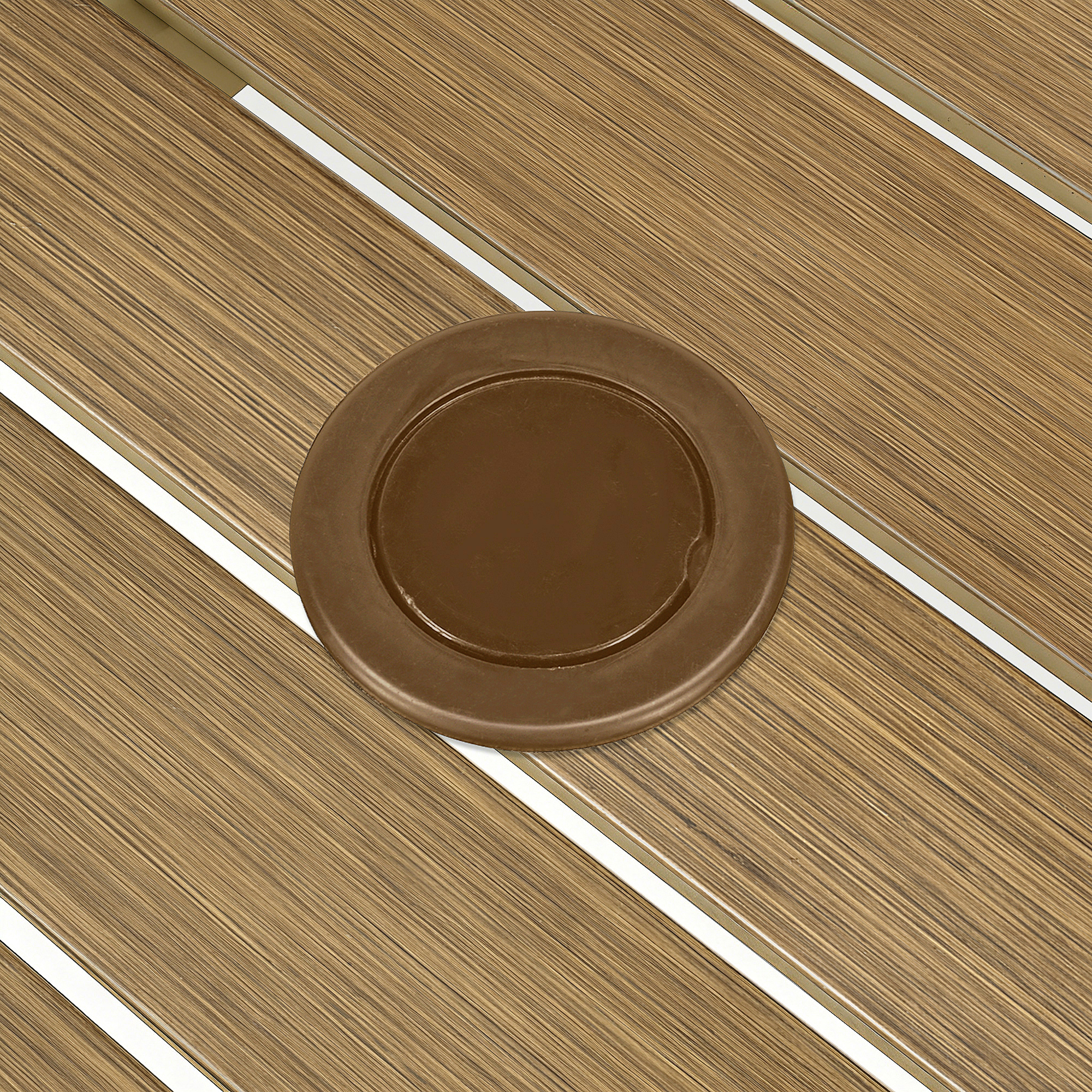Close-up of the umbrella hole detail on a wood-textured rectangle patio table-Seehill