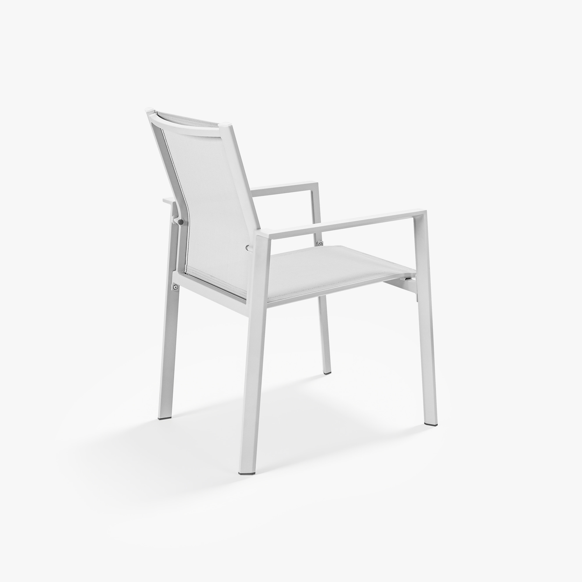 White stackable patio dining chair with full woven back and armrests -Seehill
