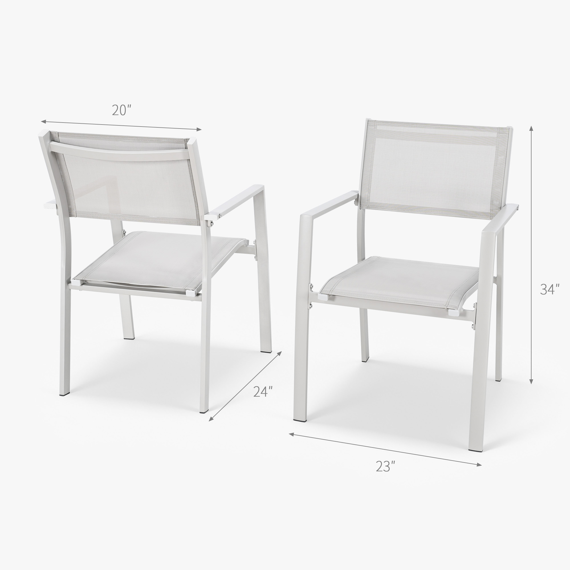 Two white metal frame outdoor dining chairs with mesh seats and backs on white background -Seehill