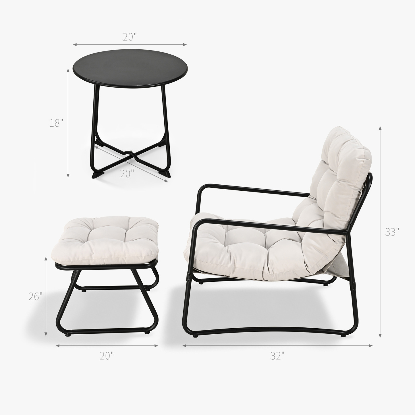 3-Piece Metal Comfy Modern Patio Rocking Chair Set with Ottoman & Side Table- C033-2