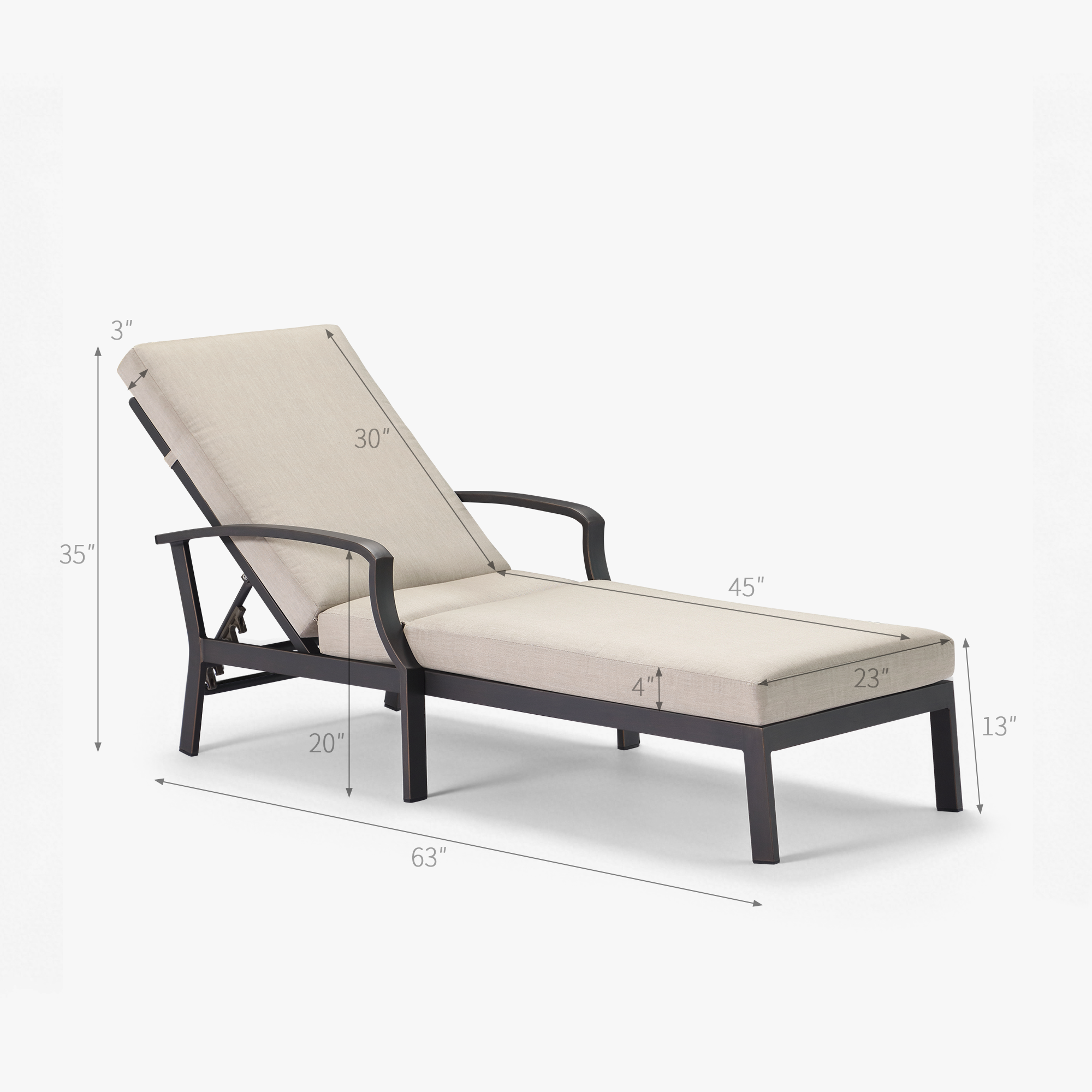 Beige cushioned patio lounge chair with adjustable backrest and dark metal frame-Seehill