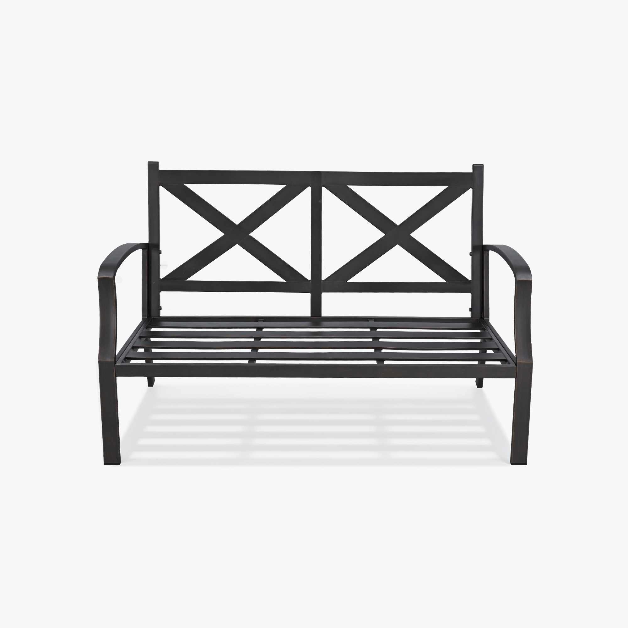 Black metal frame outdoor loveseat sofa with cross back design and armrests-Seehill