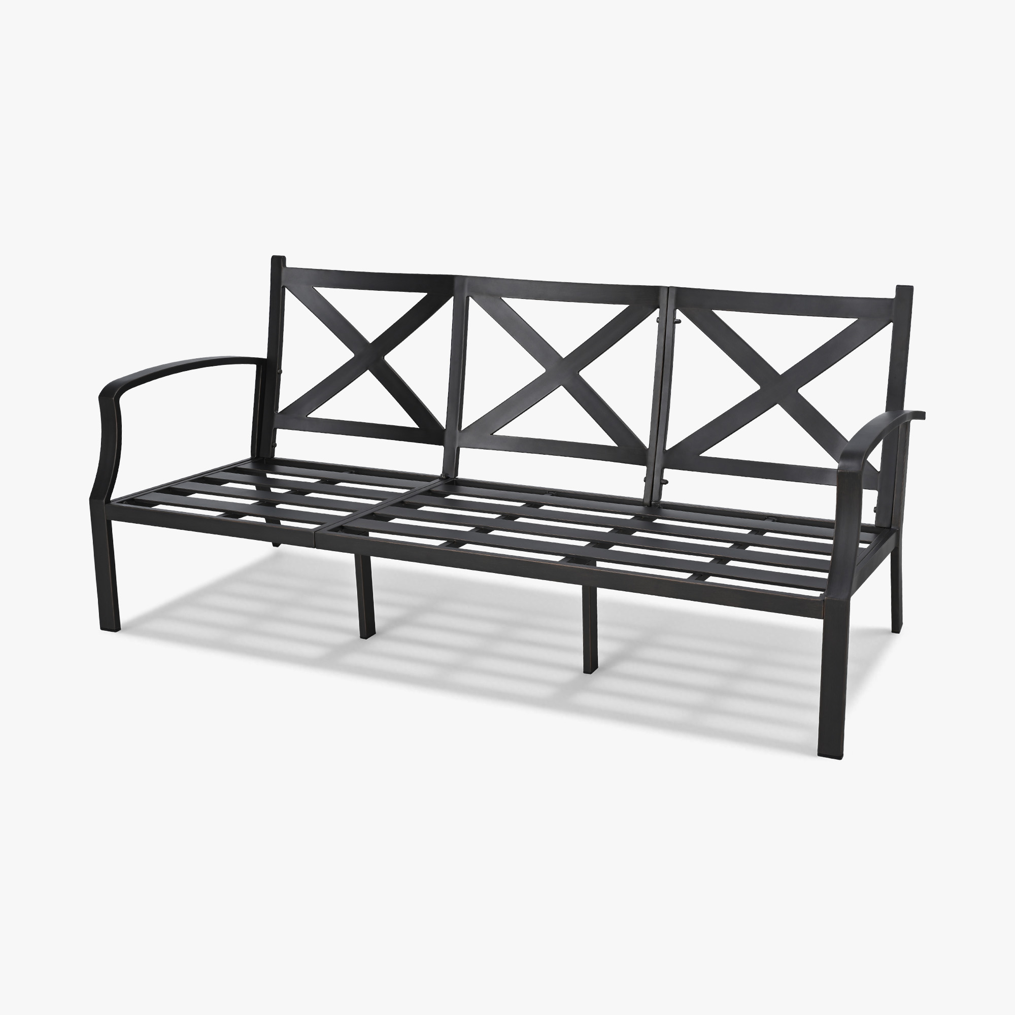 Black metal frame outdoor sofa with three seats and decorative cross back design -Seehill
