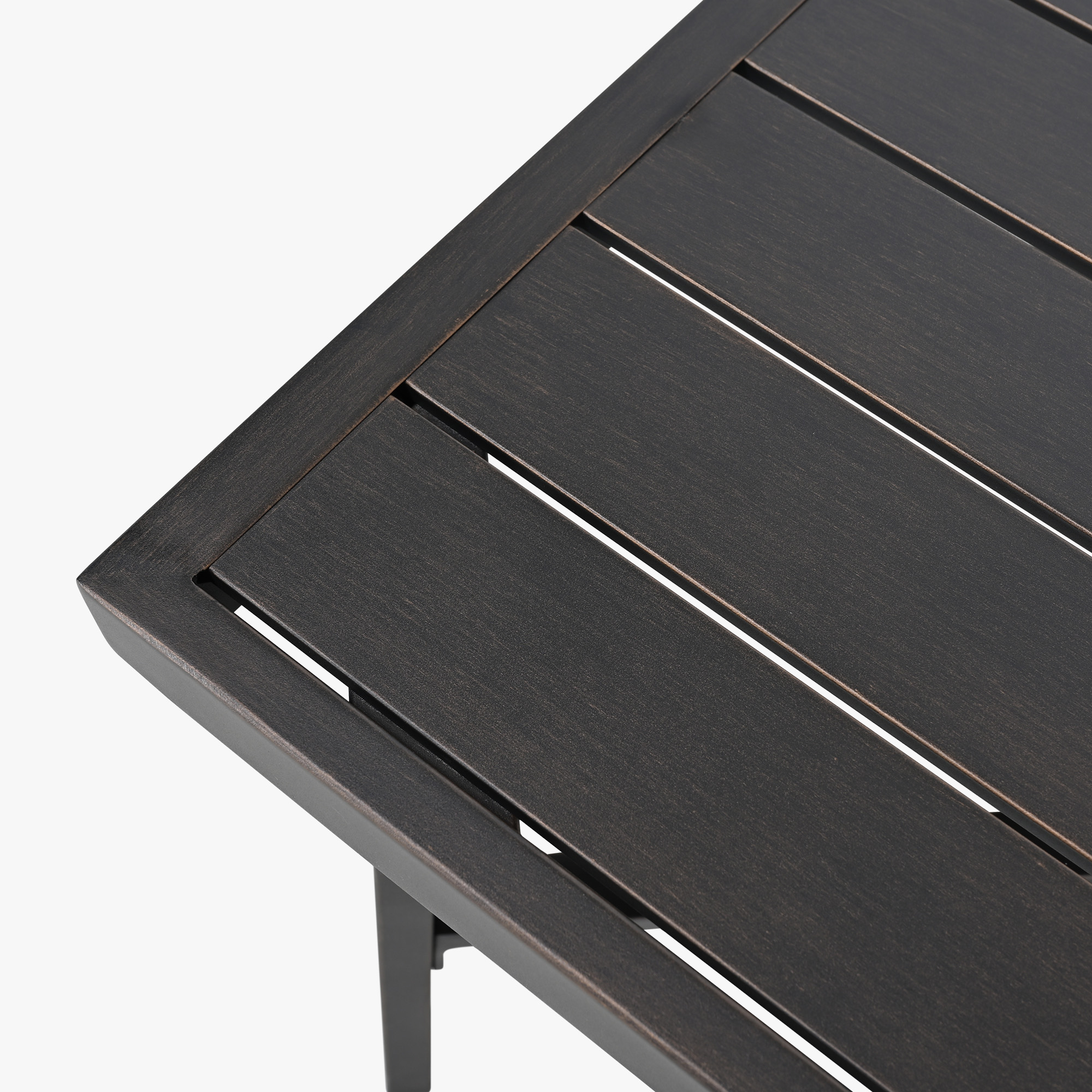 Close-up of a dark brown slatted top patio outdoor rectangle coffee table on white backgroun-Seehill