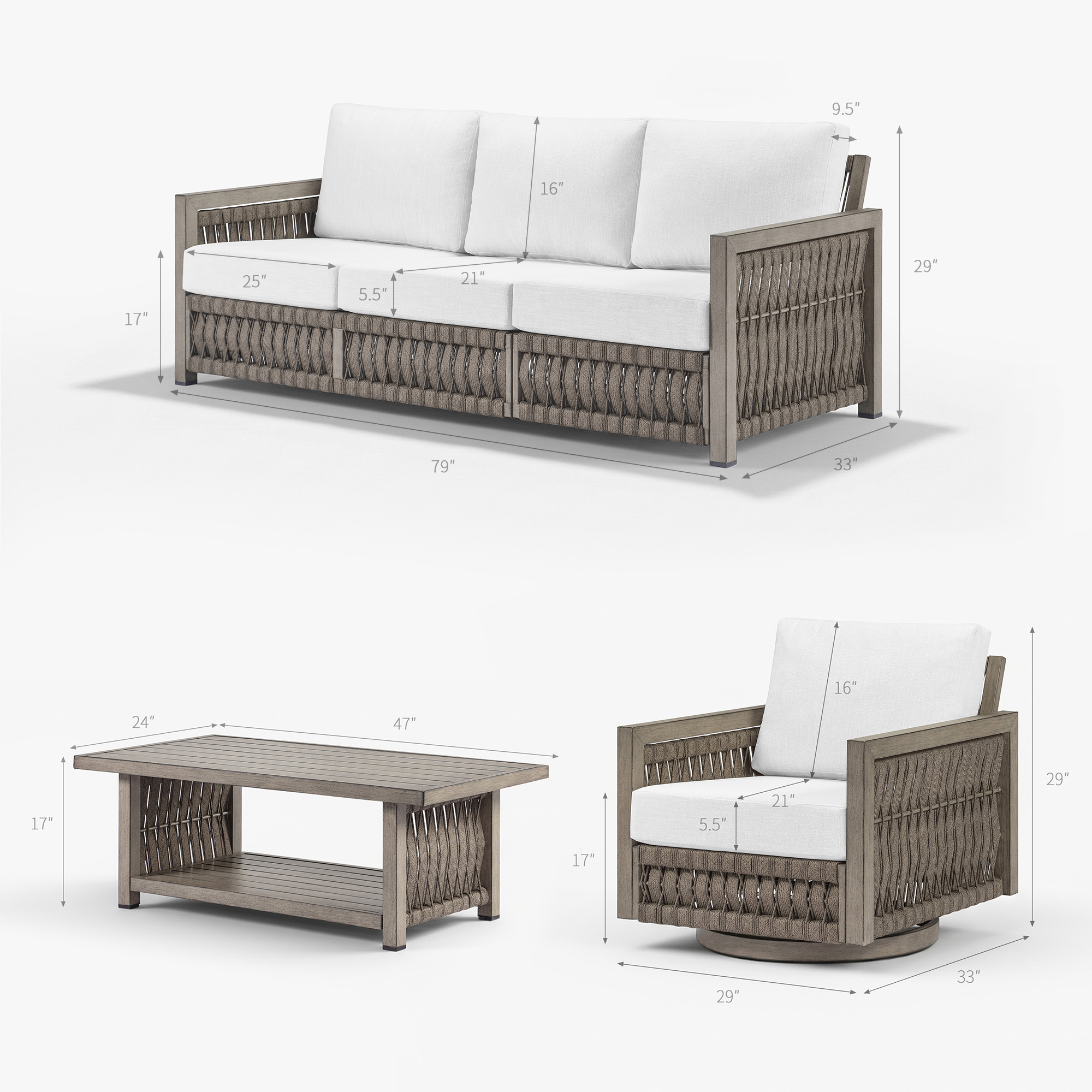 A sophisticated Outdoor Patio Conversation Set with Aluminum Frame, Rope Weave Sofa, and Coffee Table is displayed. - Seehill